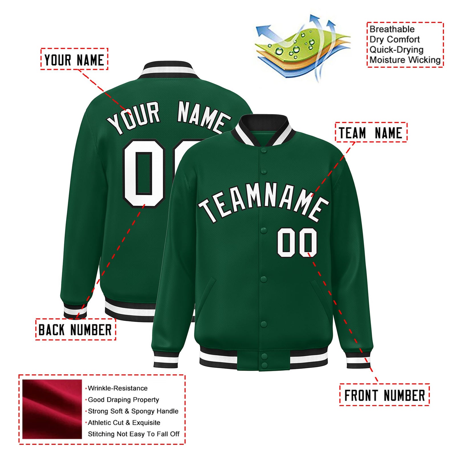 Custom Kelly Green White-Black Bomber Full-Snap Varsity Letterman Jacket