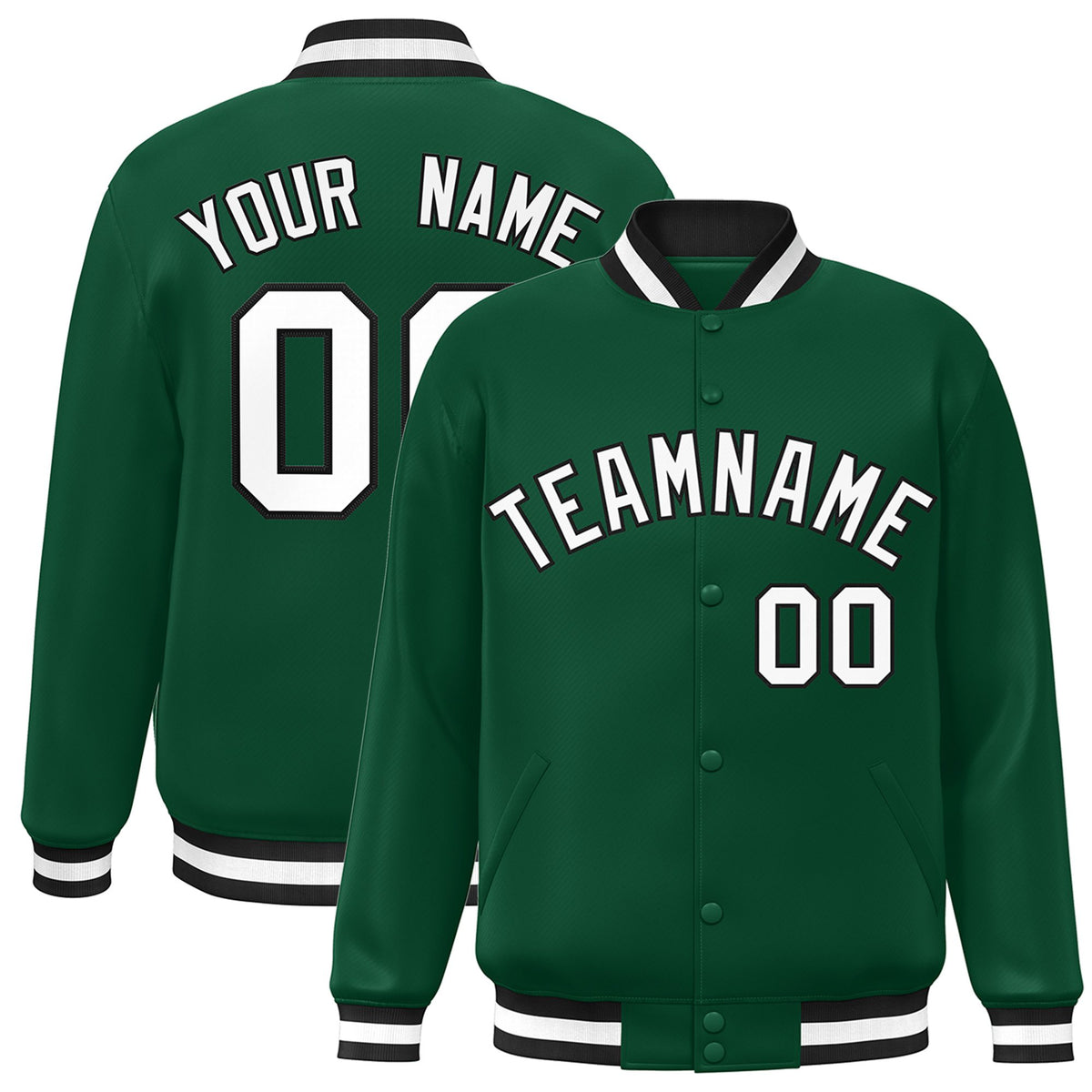 Custom Kelly Green White-Black Bomber Full-Snap Varsity Letterman Jacket