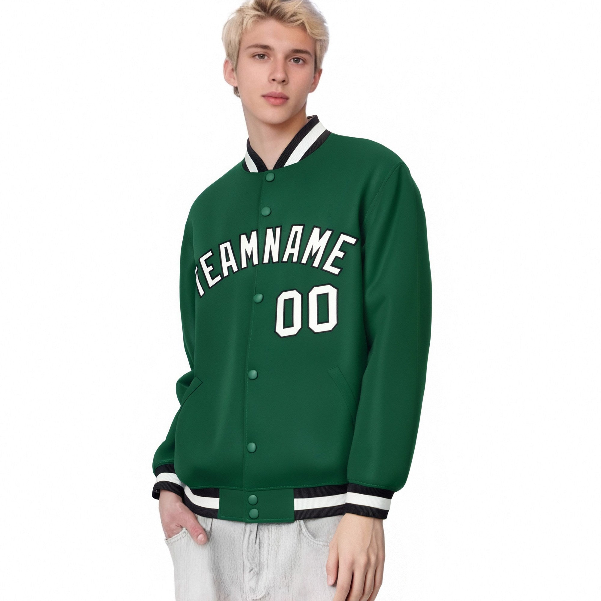 Custom Kelly Green White-Black Bomber Full-Snap Varsity Letterman Jacket