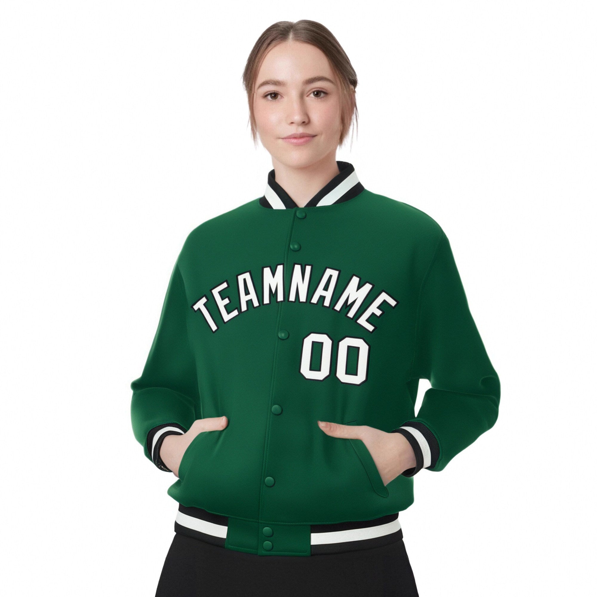 Custom Kelly Green White-Black Bomber Full-Snap Varsity Letterman Jacket