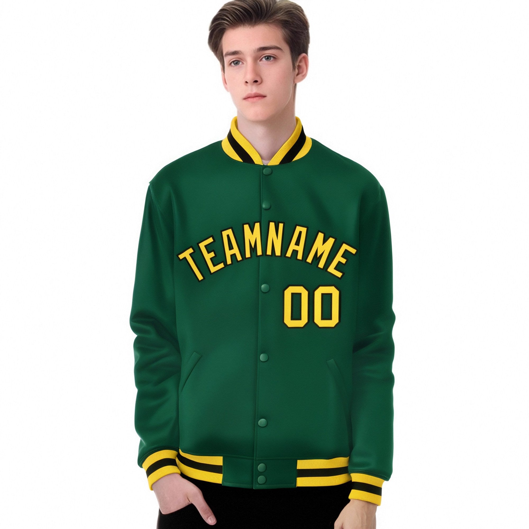 Custom Kelly Green Yellow-Black Bomber Full-Snap Varsity Letterman Jacket