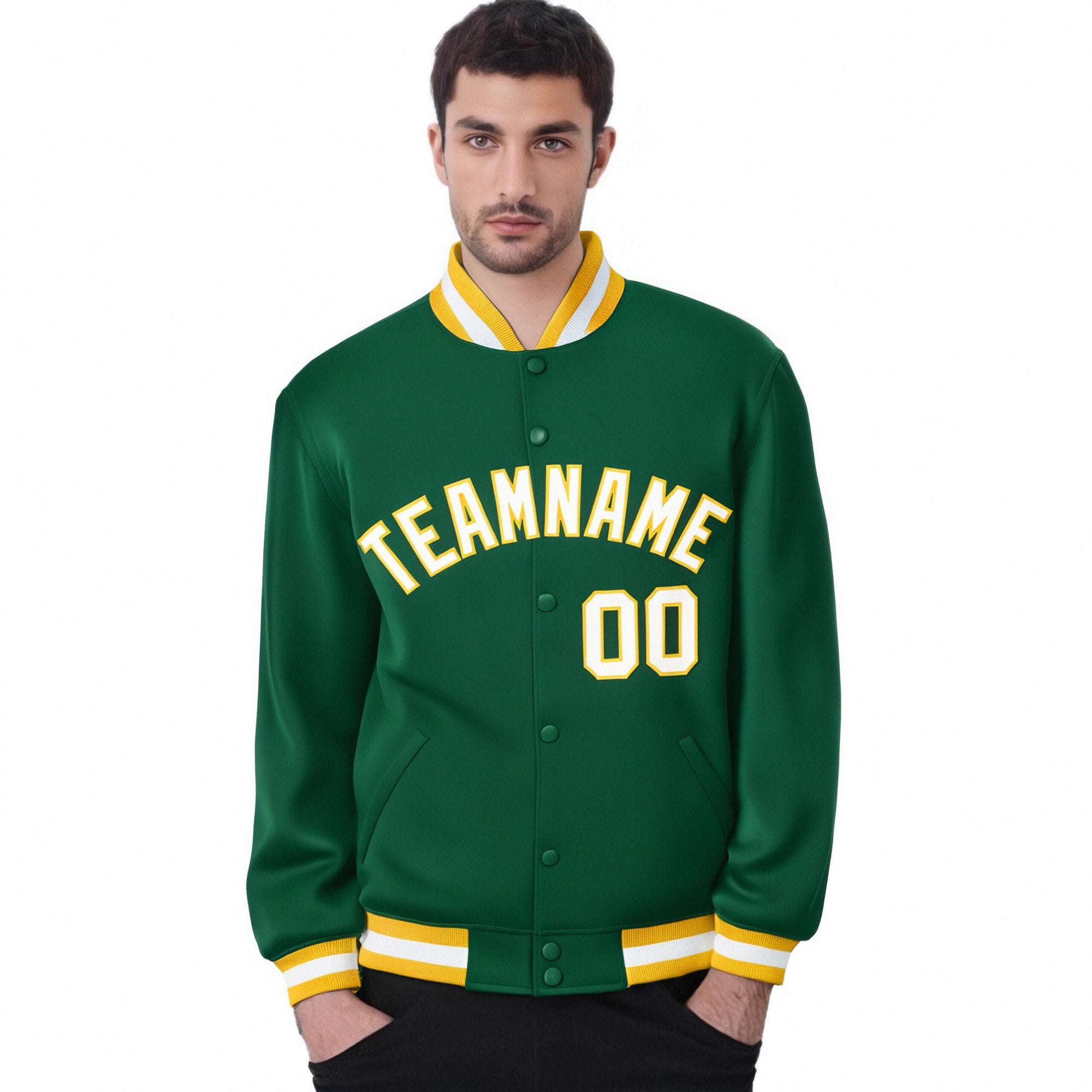 Custom Kelly Green White-Yellow Bomber Full-Snap Varsity Letterman Jacket