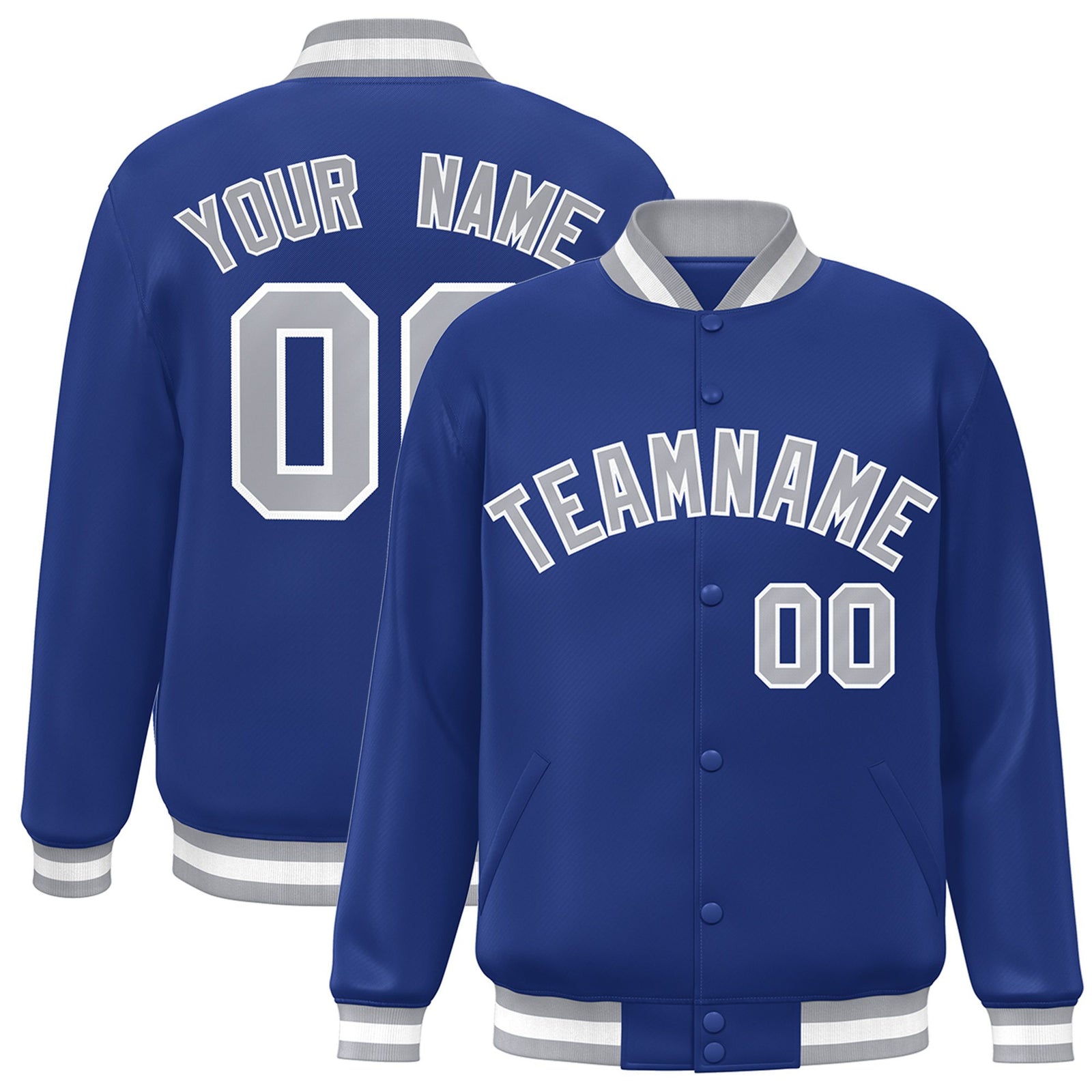 Custom Royal Blue Gray-White Bomber Full-Snap Varsity Letterman Jacket
