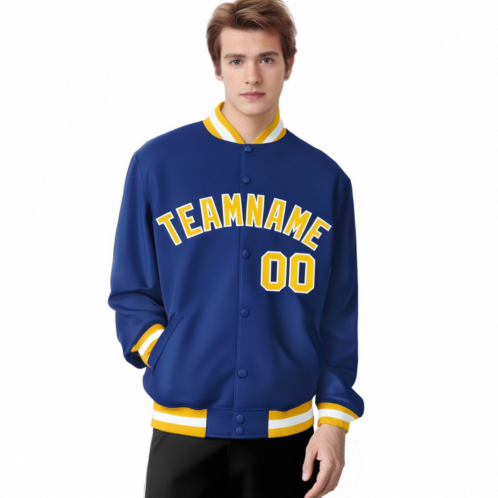 Custom Royal Blue Gold-White Bomber Full-Snap Varsity Letterman Jacket