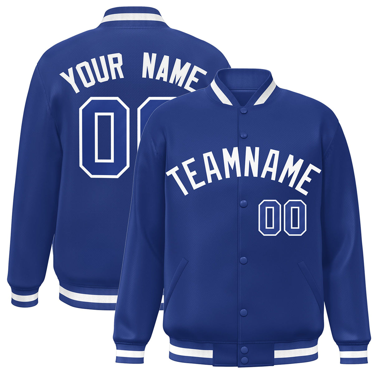 Custom Royal Blue White Bomber Full-Snap Varsity Letterman Jacket