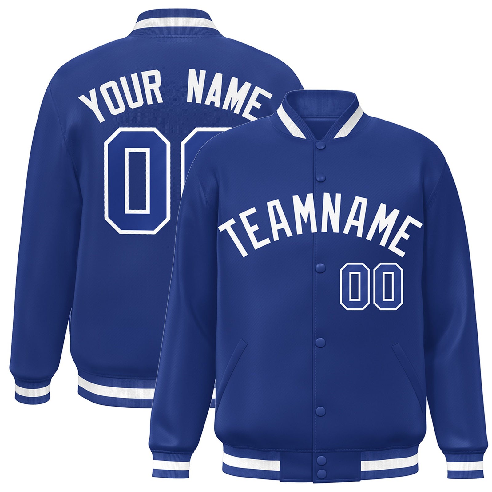 Custom Royal Blue White Bomber Full-Snap Varsity Letterman Jacket