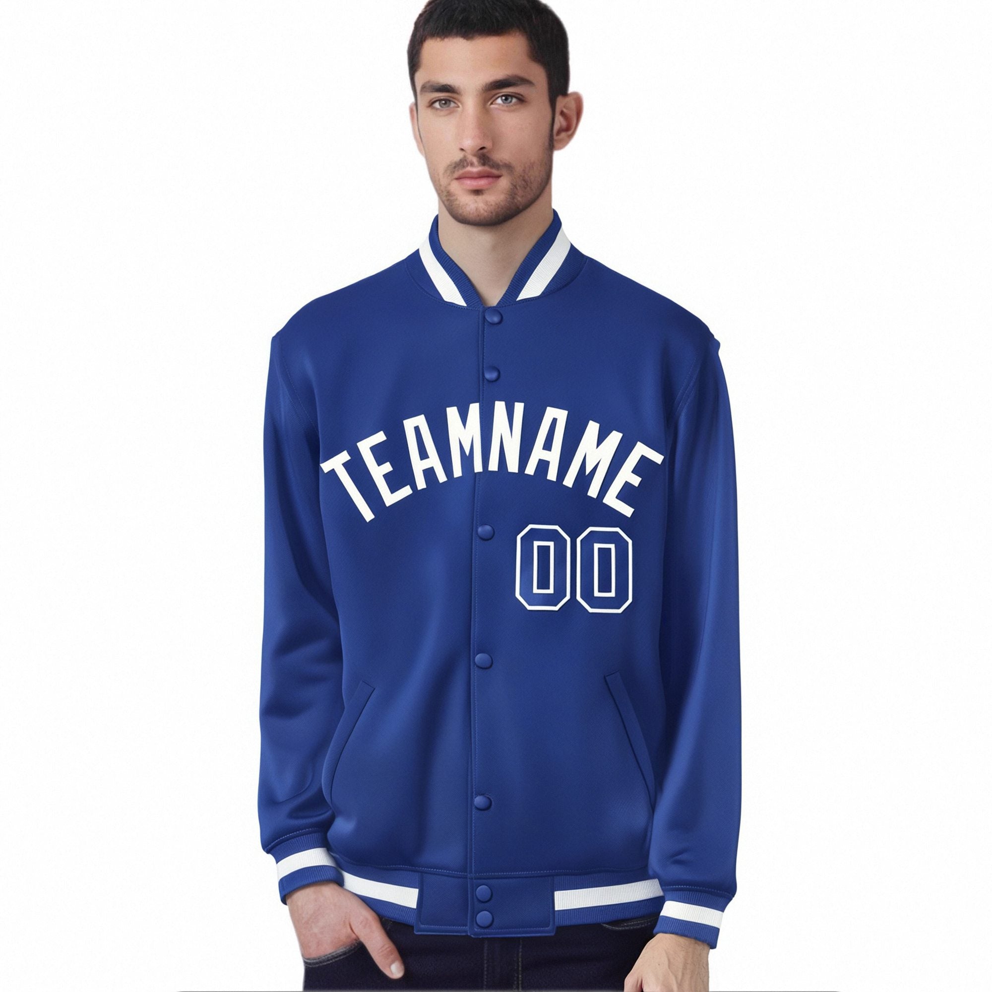 Custom Royal Blue White Bomber Full-Snap Varsity Letterman Jacket