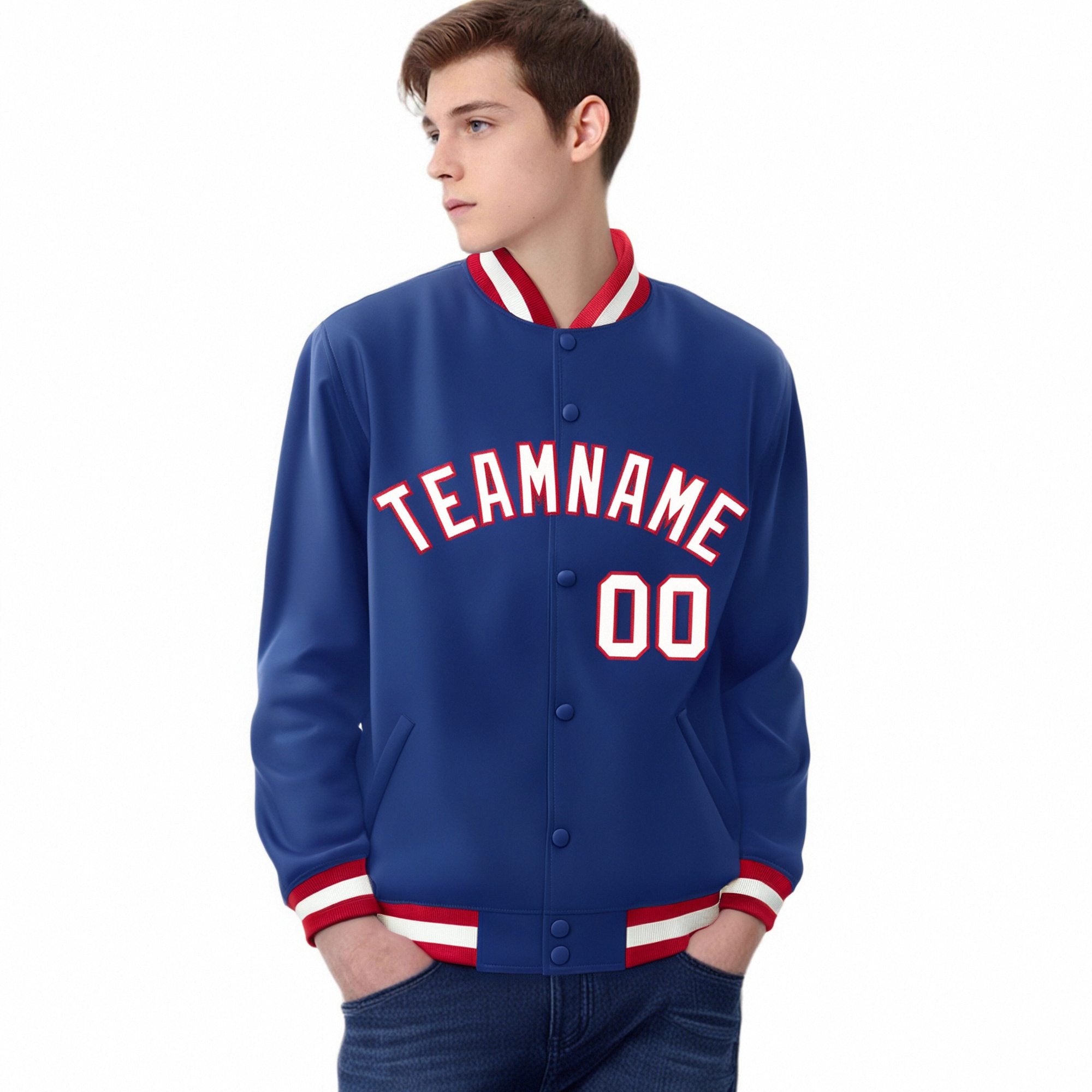 Custom Royal Blue White-Red Bomber Full-Snap Varsity Letterman Jacket