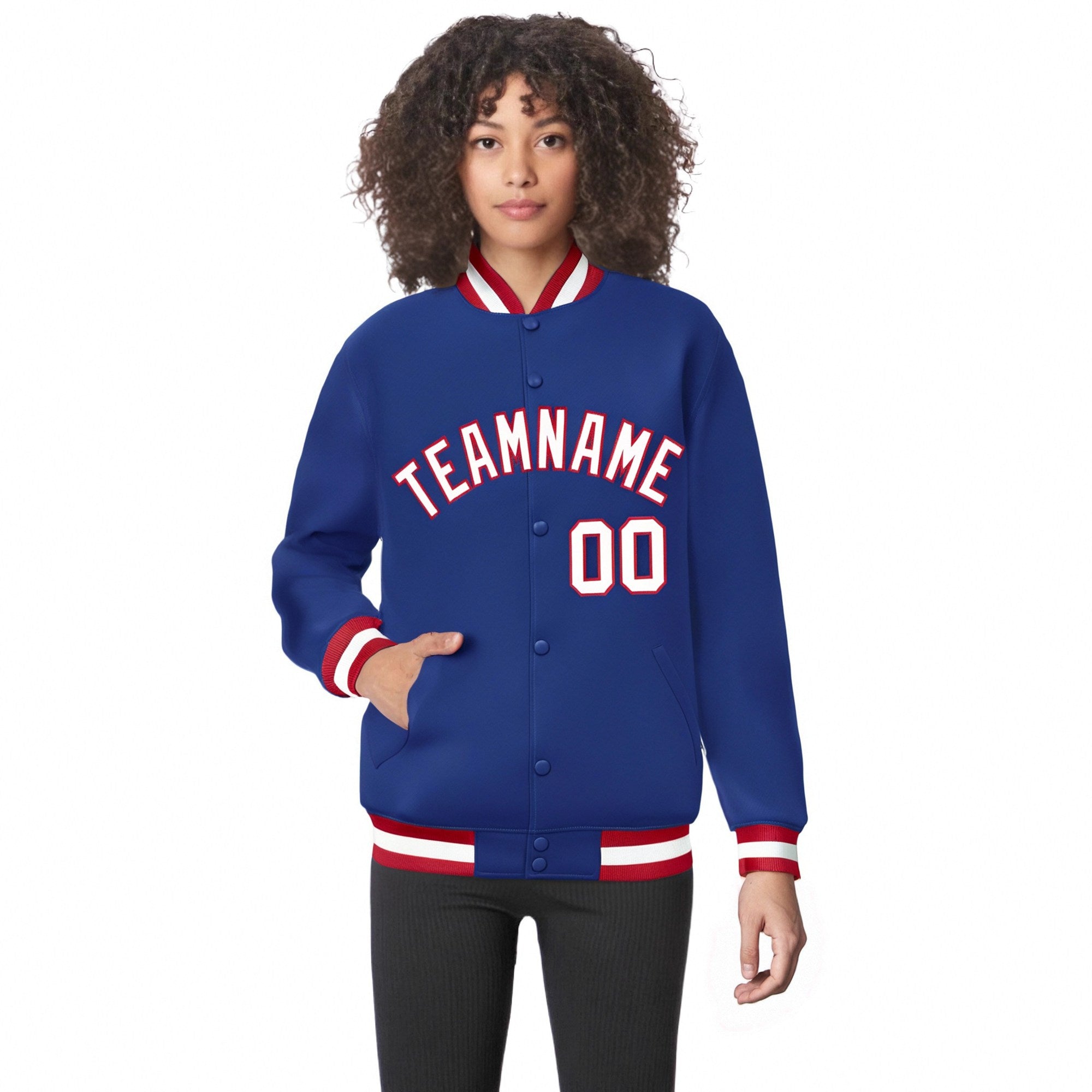 Custom Royal Blue White-Red Bomber Full-Snap Varsity Letterman Jacket