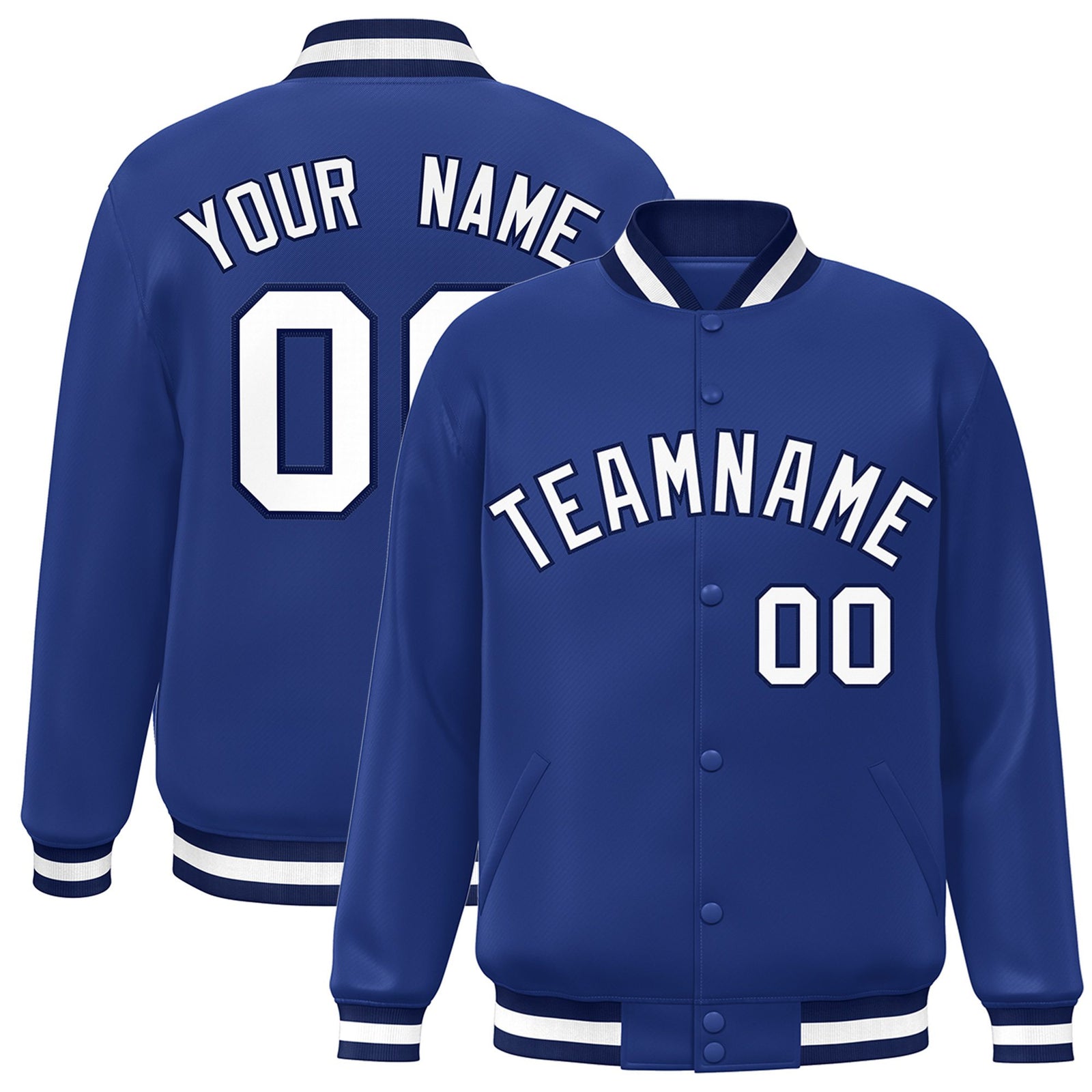 Custom Royal Blue Black-White Bomber Full-Snap Varsity Letterman Jacket
