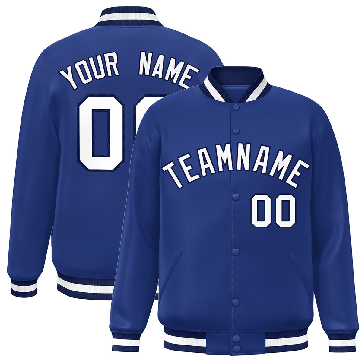 Custom Royal Blue Black-White Bomber Full-Snap Varsity Letterman Jacket