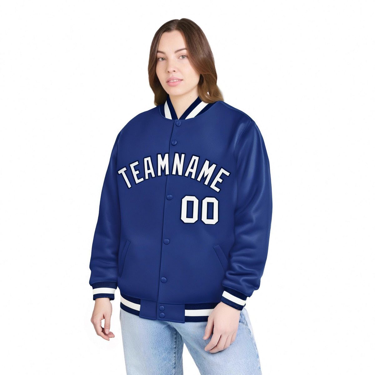 Custom Royal Blue Black-White Bomber Full-Snap Varsity Letterman Jacket