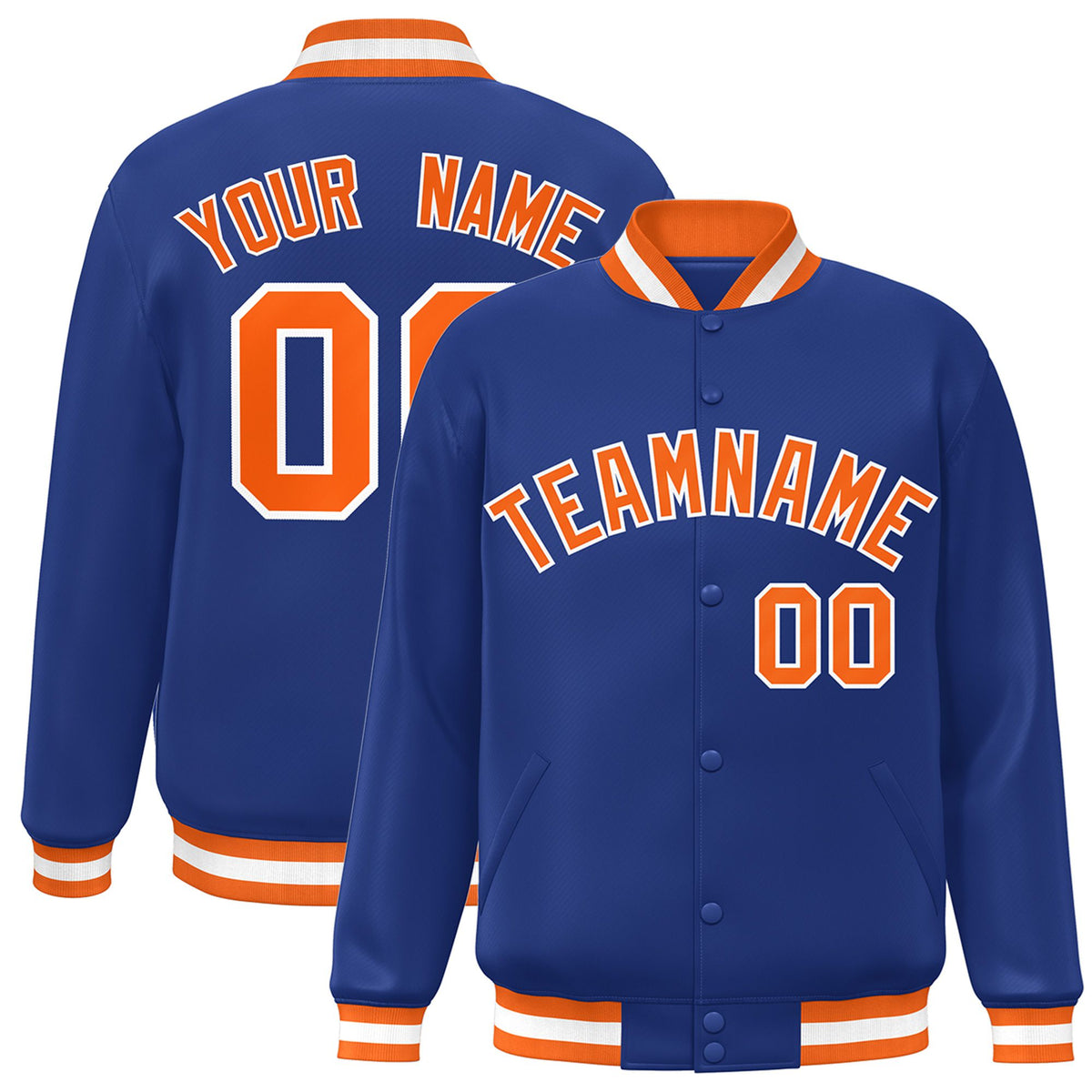 Custom Royal Blue Orange-White Bomber Full-Snap Varsity Letterman Jacket