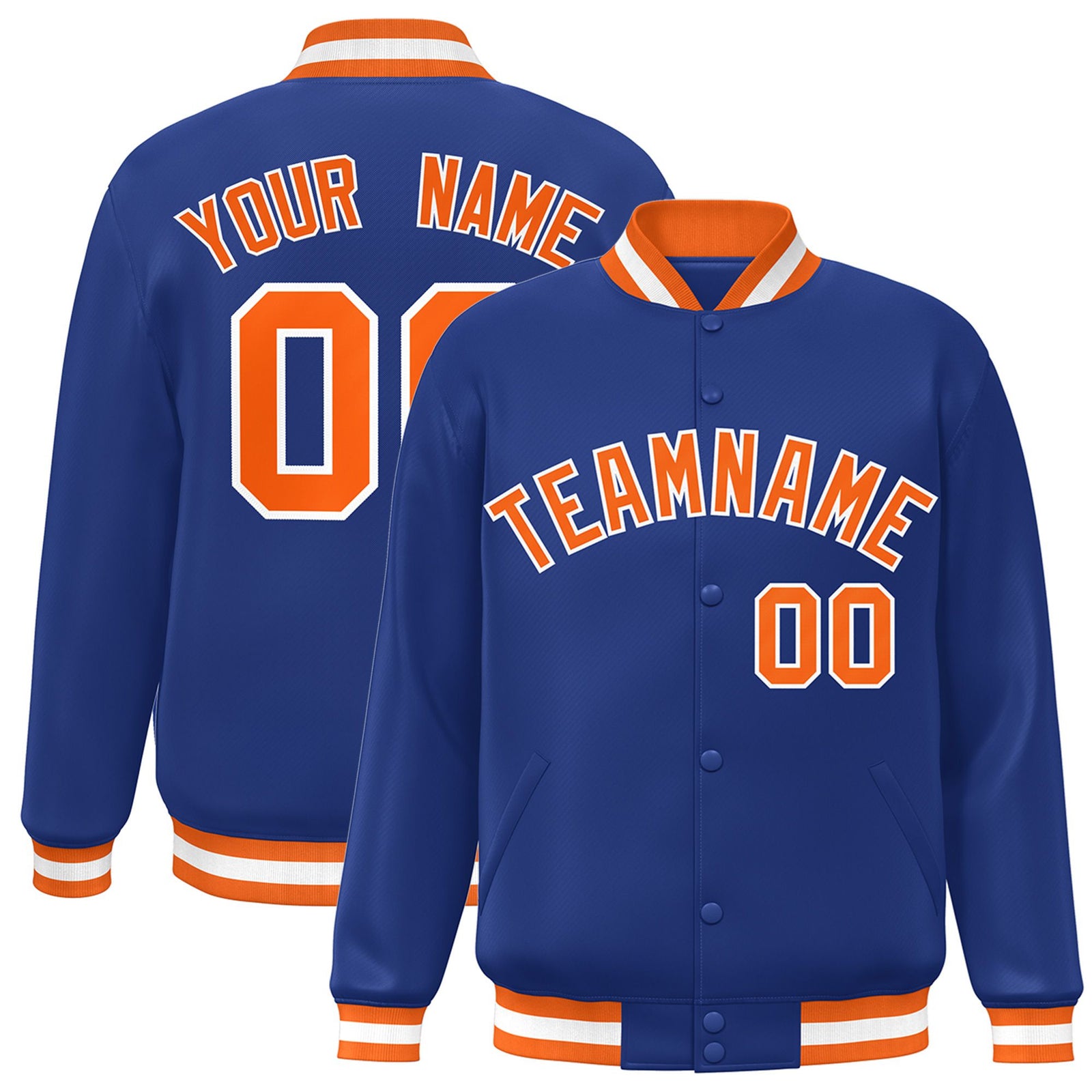 Custom Royal Blue Orange-White Bomber Full-Snap Varsity Letterman Jacket