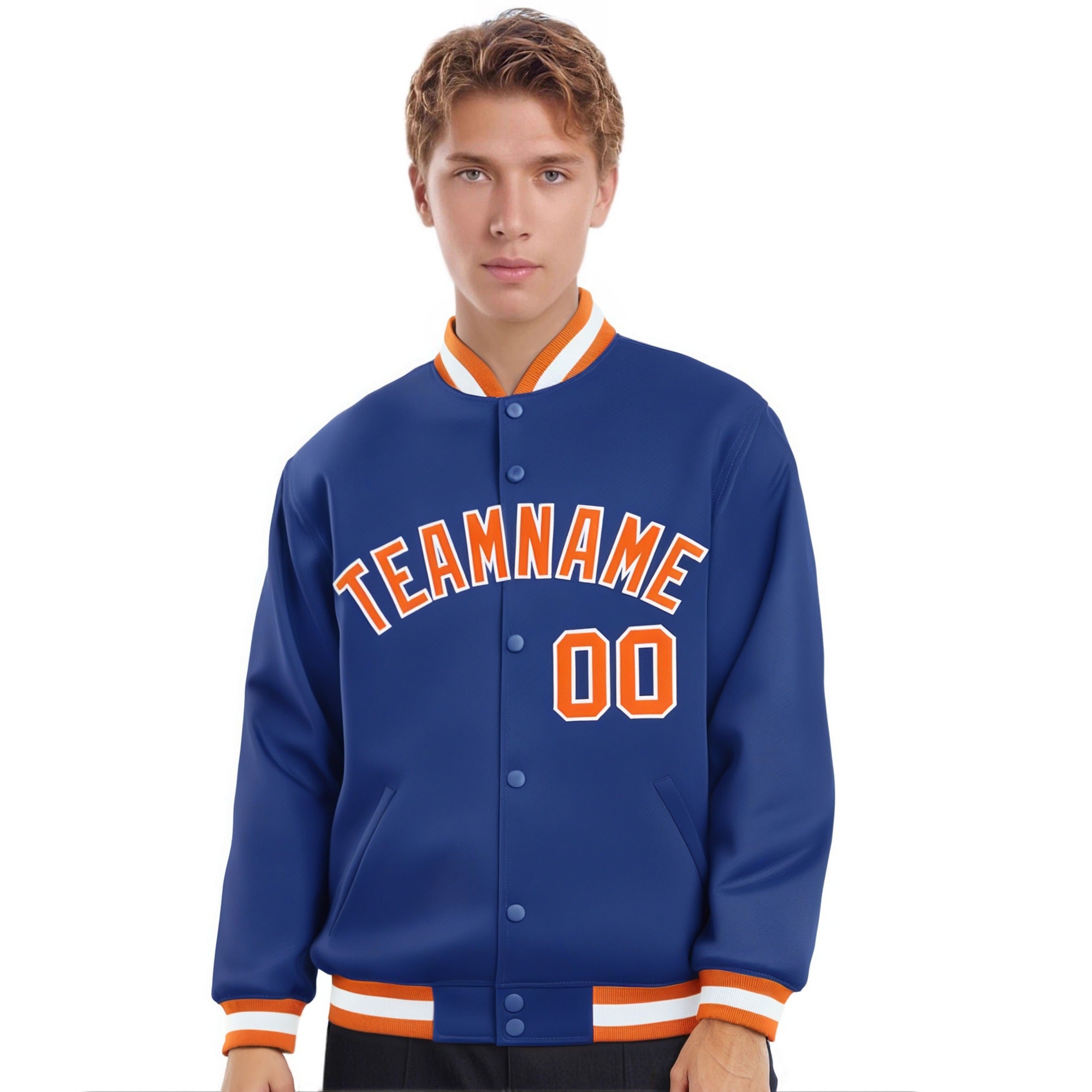 Custom Royal Blue Orange-White Bomber Full-Snap Varsity Letterman Jacket