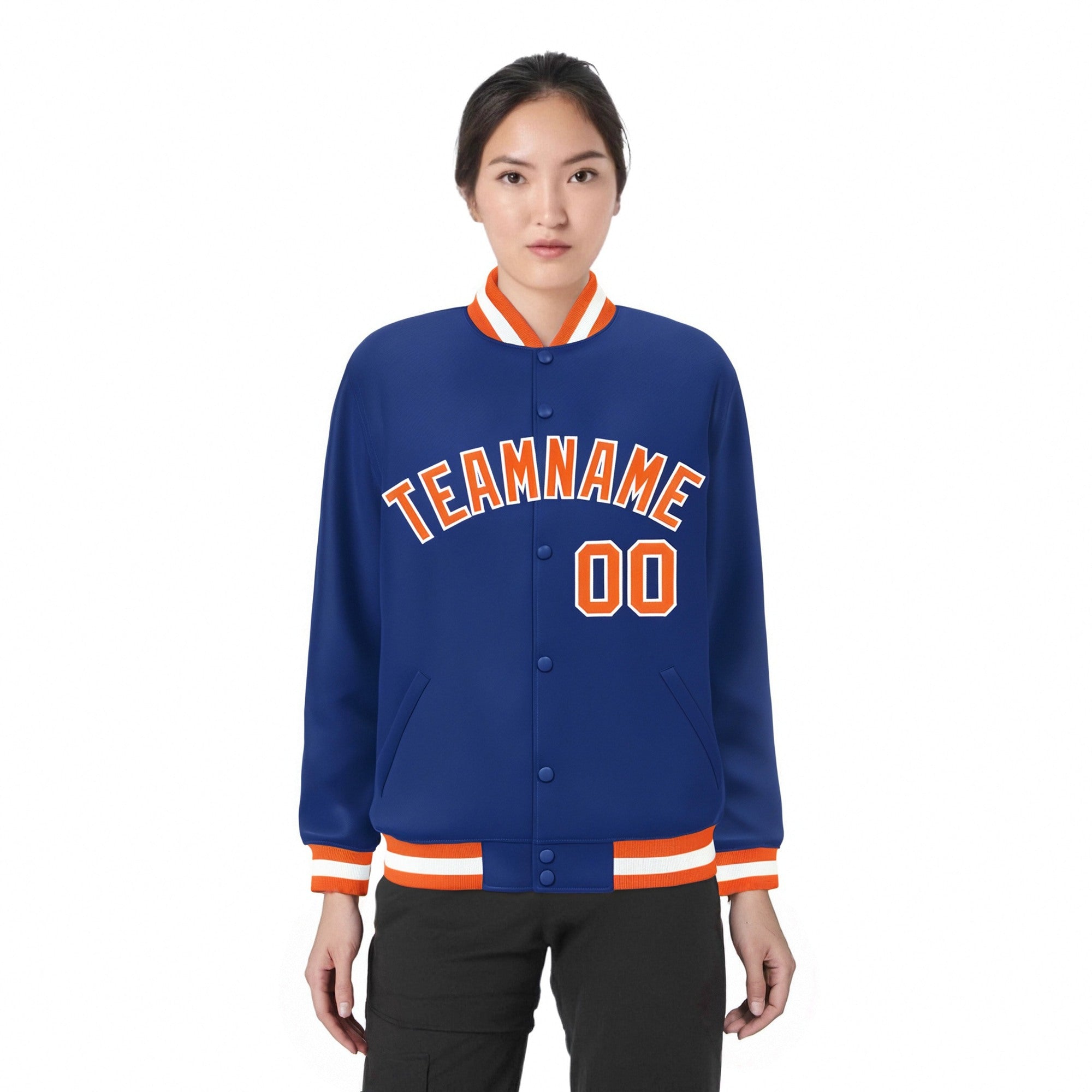 Custom Royal Blue Orange-White Bomber Full-Snap Varsity Letterman Jacket