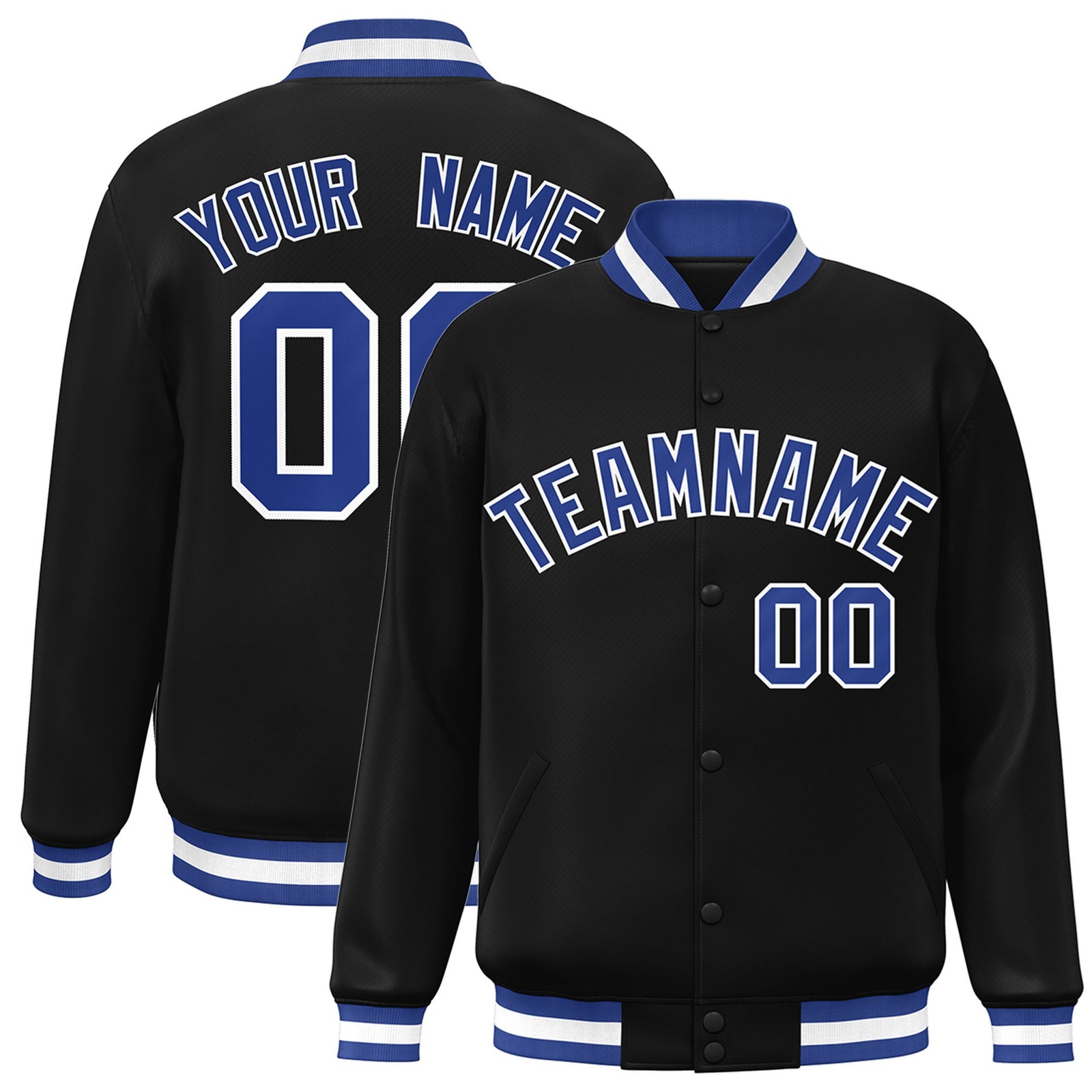 Custom Black Royal-Blue White Bomber Full-Snap Varsity Letterman Jacket
