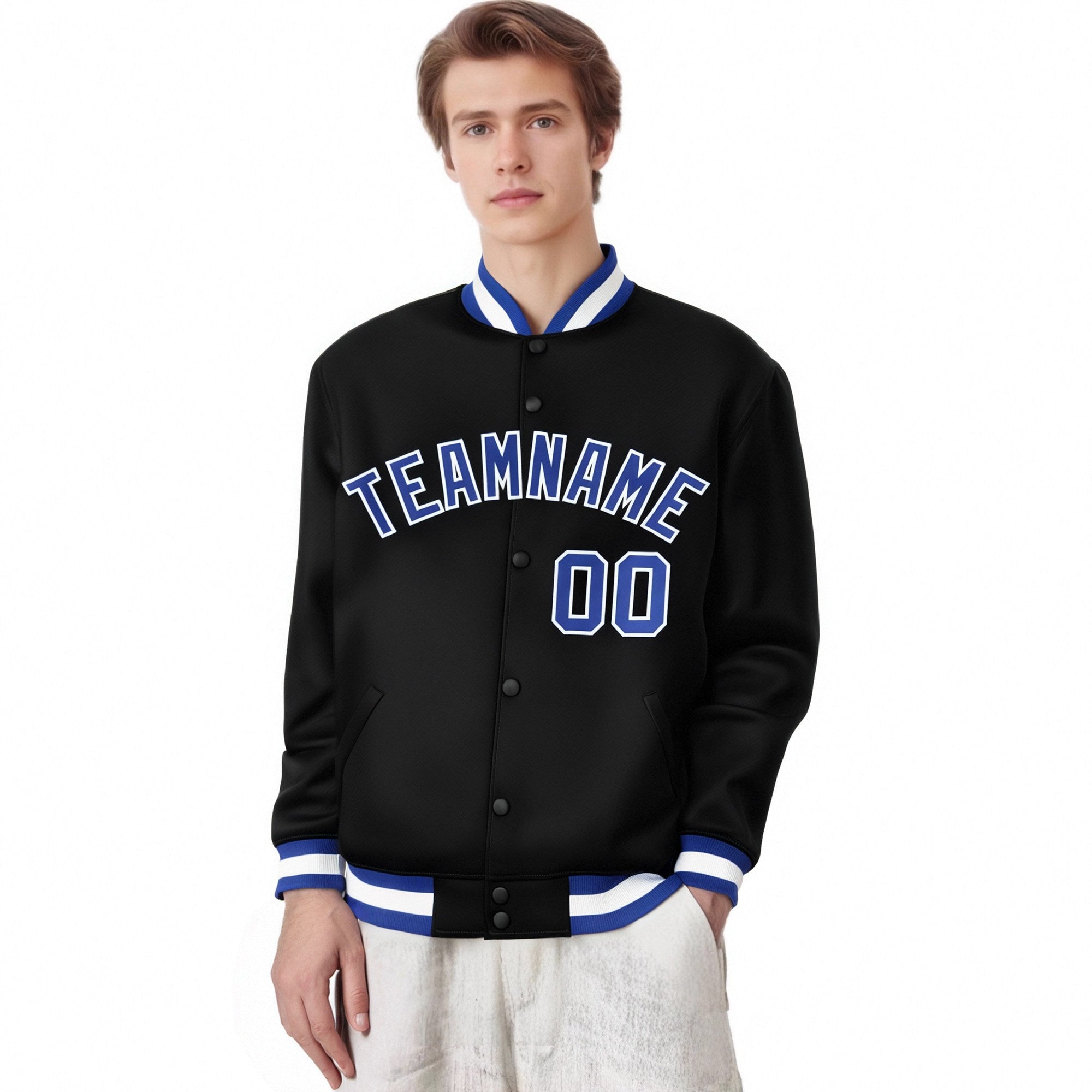 Custom Black Royal-Blue White Bomber Full-Snap Varsity Letterman Jacket