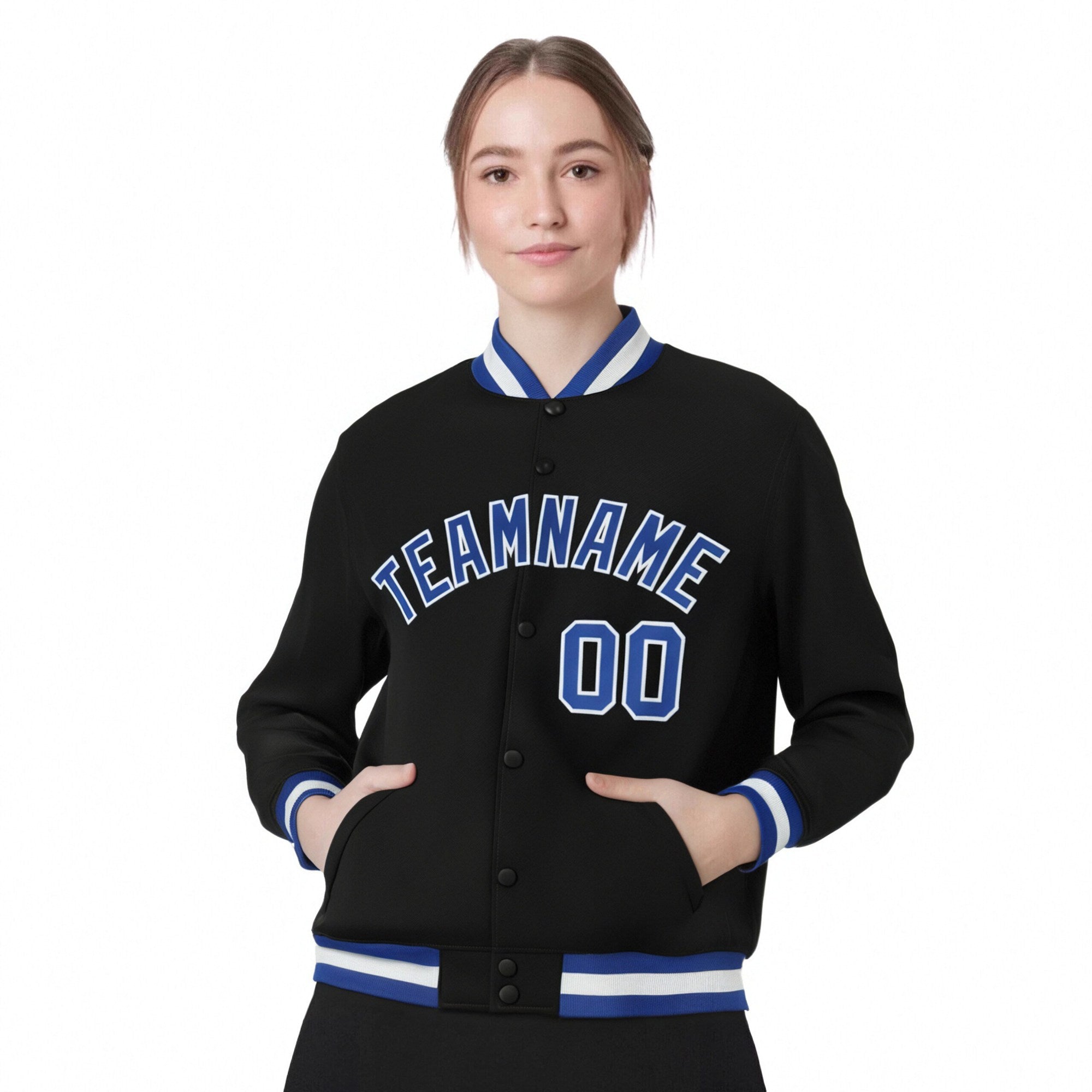 Custom Black Royal-Blue White Bomber Full-Snap Varsity Letterman Jacket