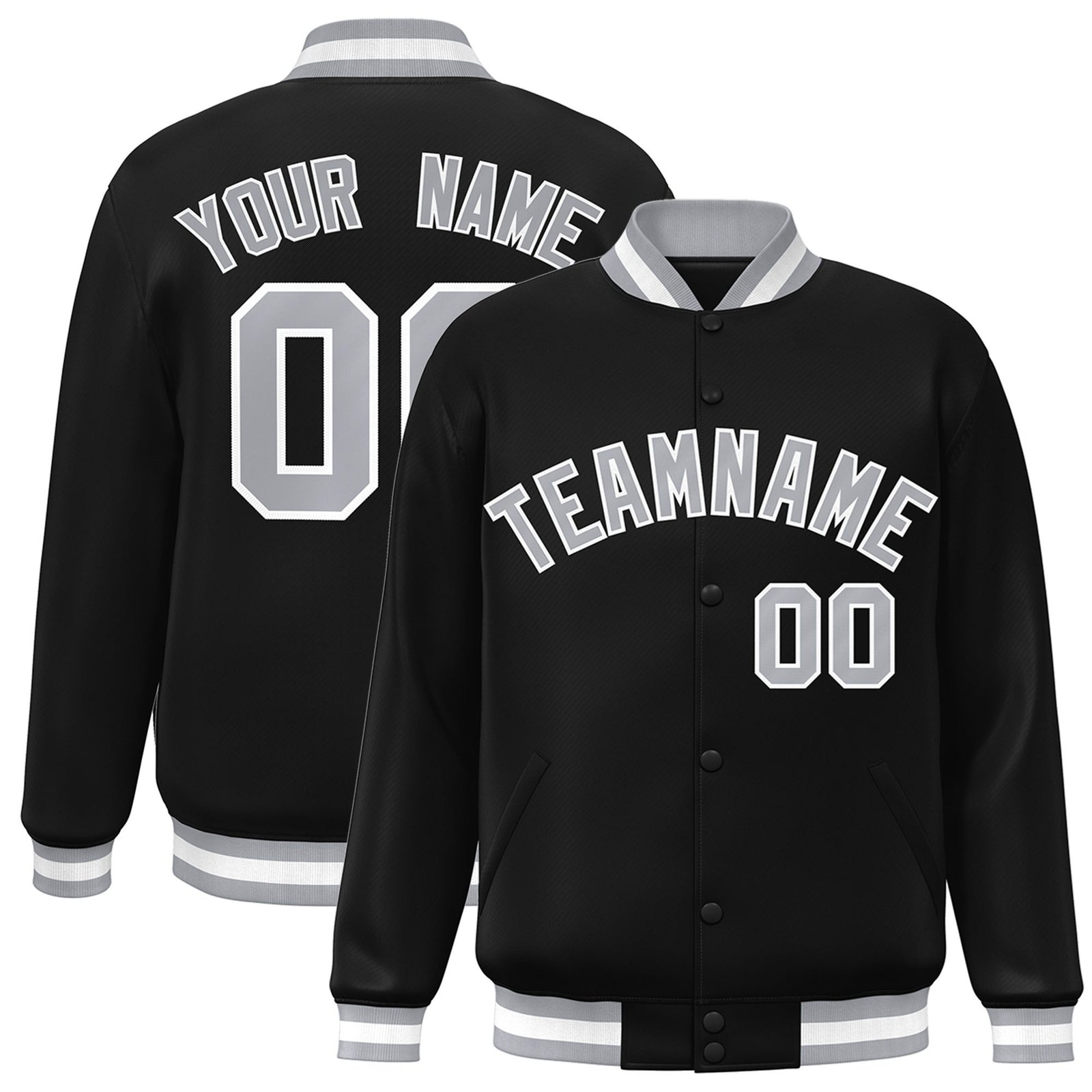 Custom Black Gray-White Bomber Full-Snap Varsity Letterman Jacket