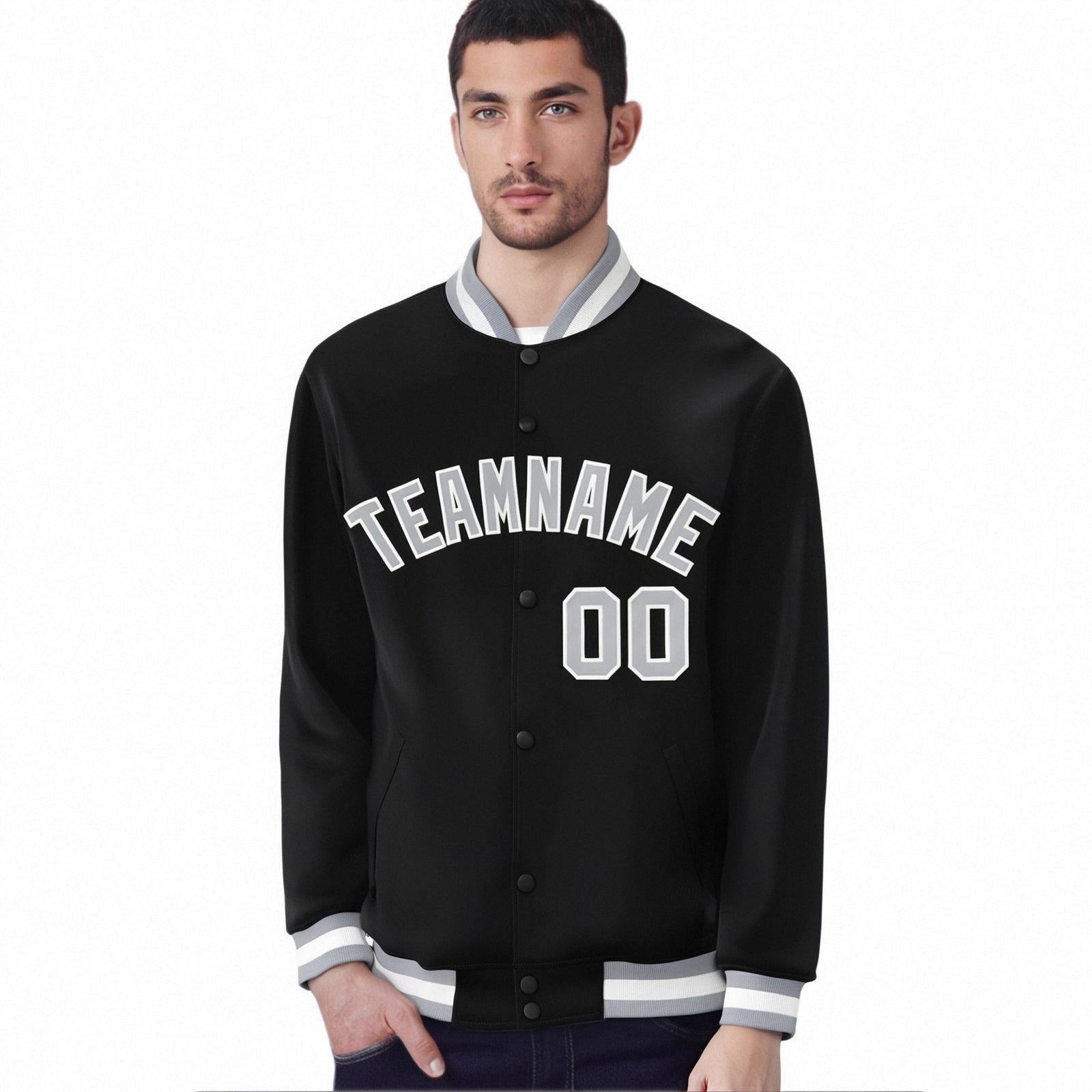 Custom Black Gray-White Bomber Full-Snap Varsity Letterman Jacket