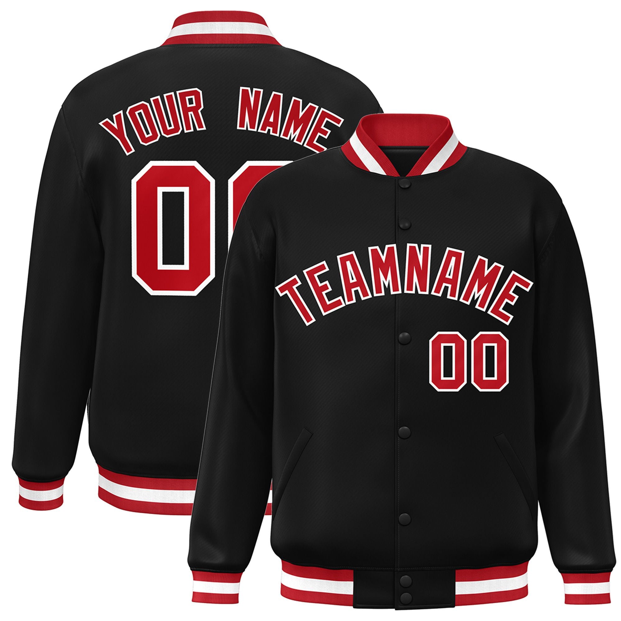 Custom Black Red-White Bomber Full-Snap Varsity Letterman Jacket