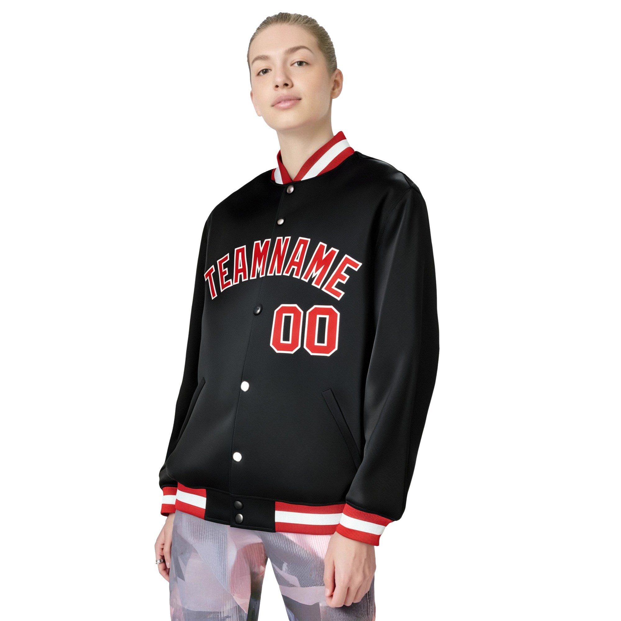 Custom Black Red-White Bomber Full-Snap Varsity Letterman Jacket