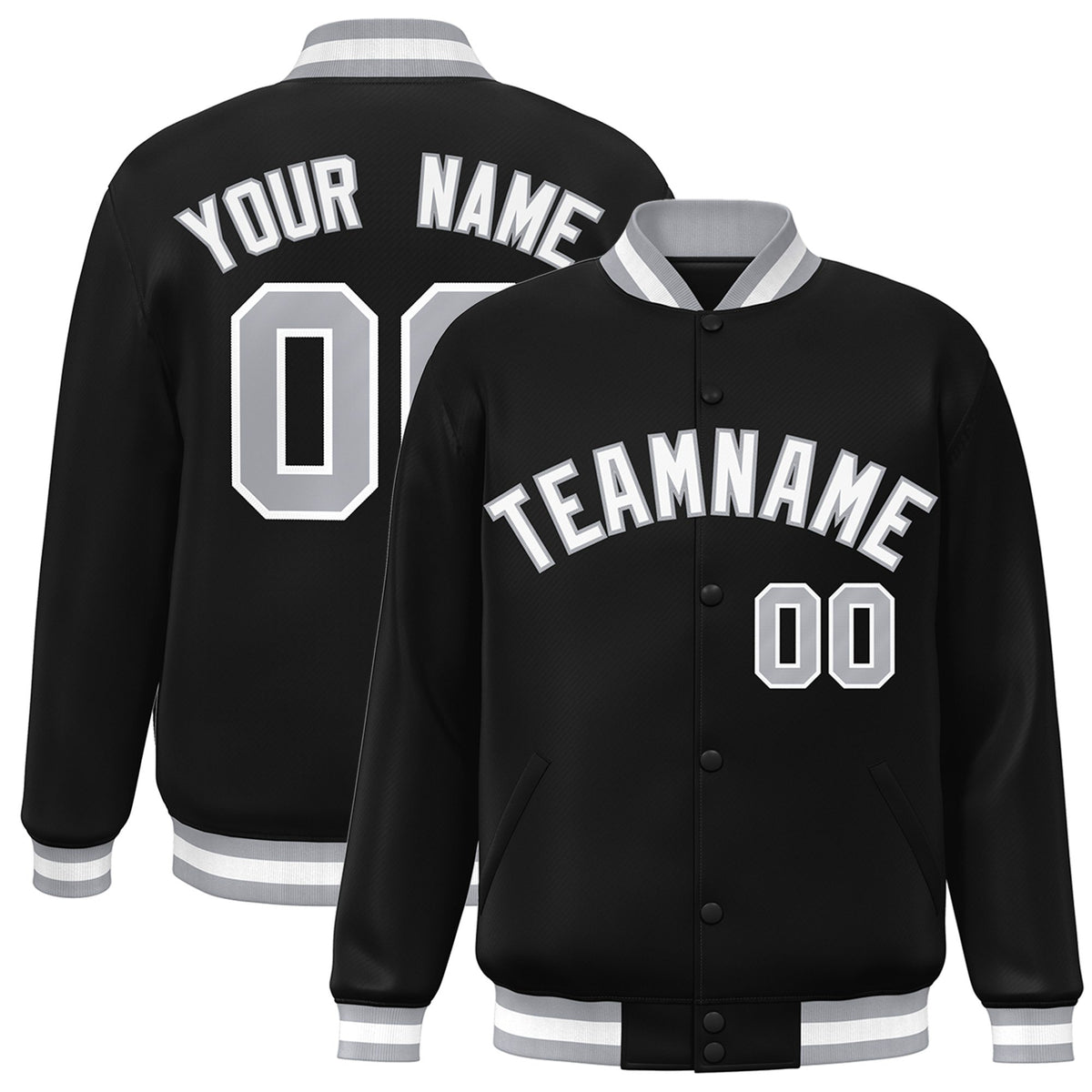 Custom Black White-Gray Bomber Full-Snap Varsity Letterman Jacket