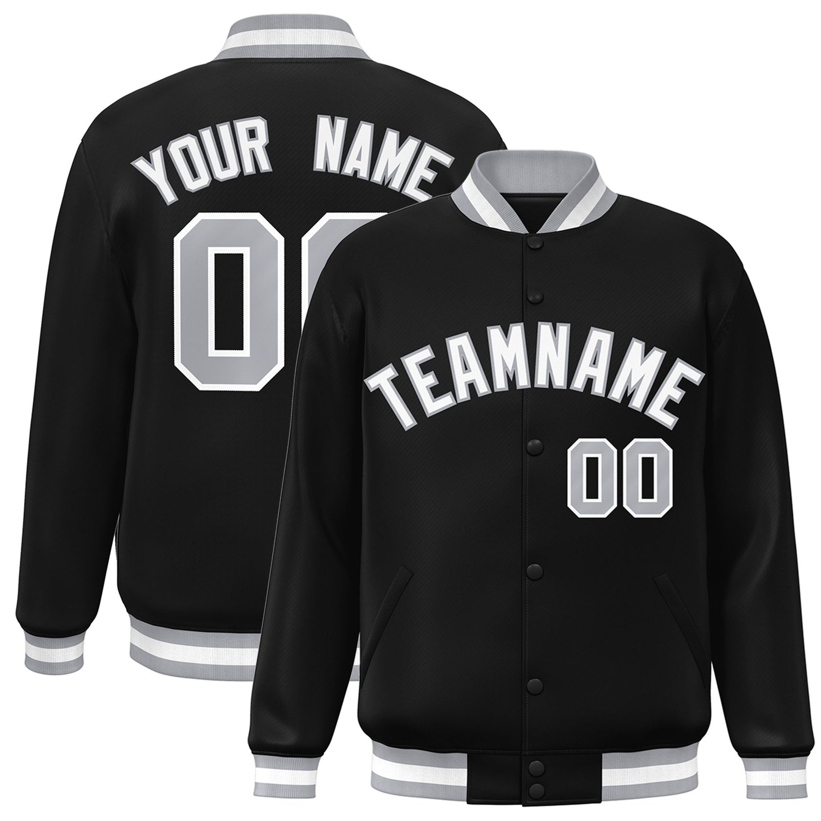 Custom Black White-Gray Bomber Full-Snap Varsity Letterman Jacket