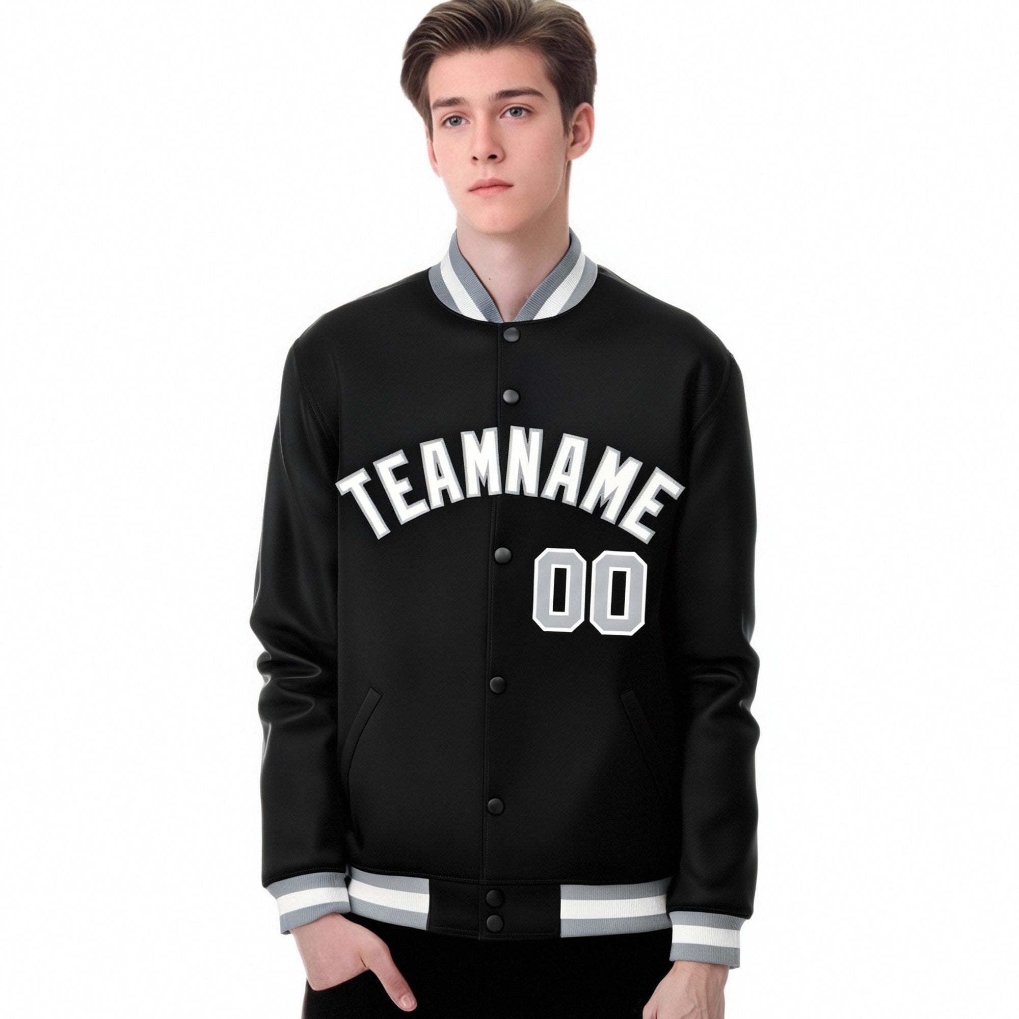 Custom Black White-Gray Bomber Full-Snap Varsity Letterman Jacket