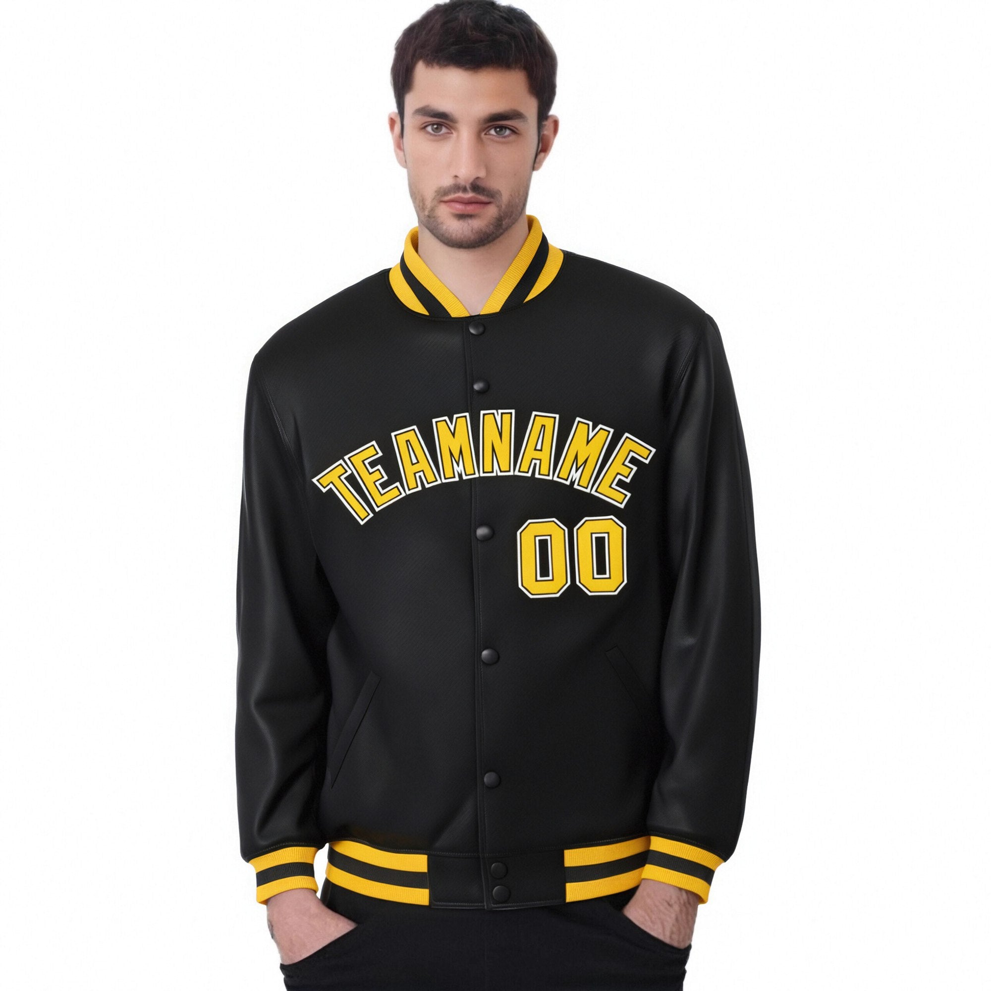 Custom Black Yellow-White Bomber Full-Snap Varsity Letterman Jacket