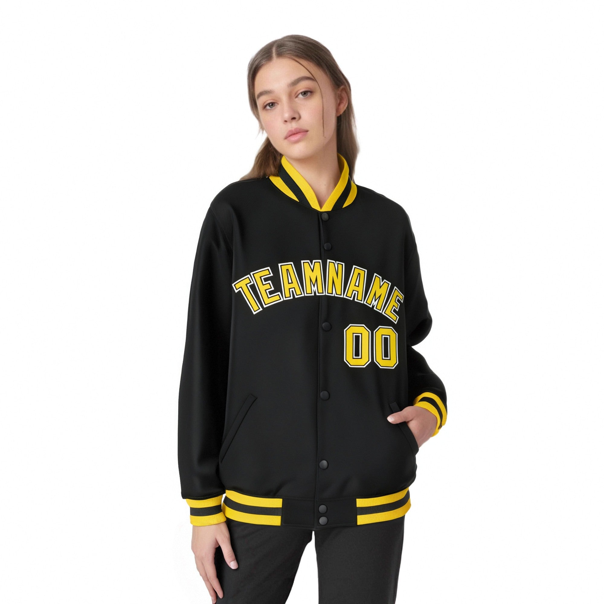 Custom Black Yellow-White Bomber Full-Snap Varsity Letterman Jacket