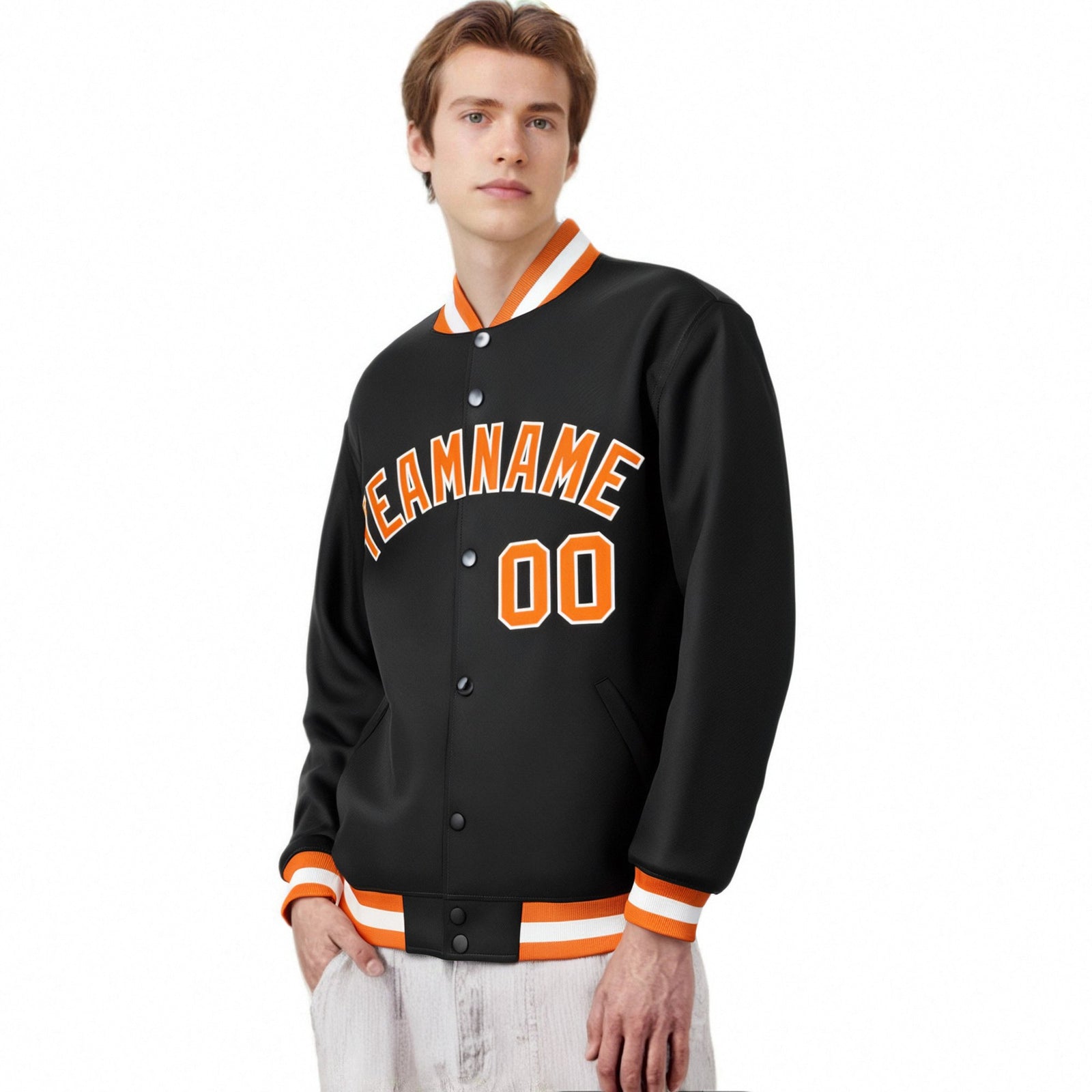Custom Black Orange-White Bomber Full-Snap Varsity Letterman Jacket