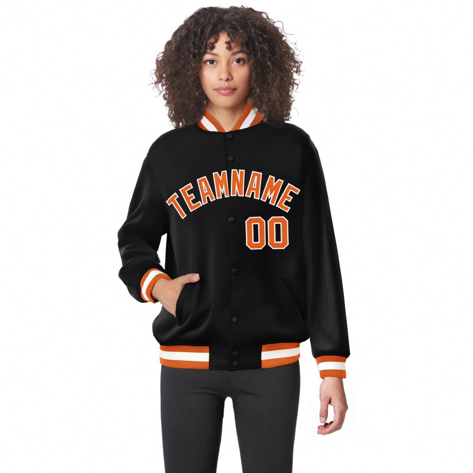 Custom Black Orange-White Bomber Full-Snap Varsity Letterman Jacket