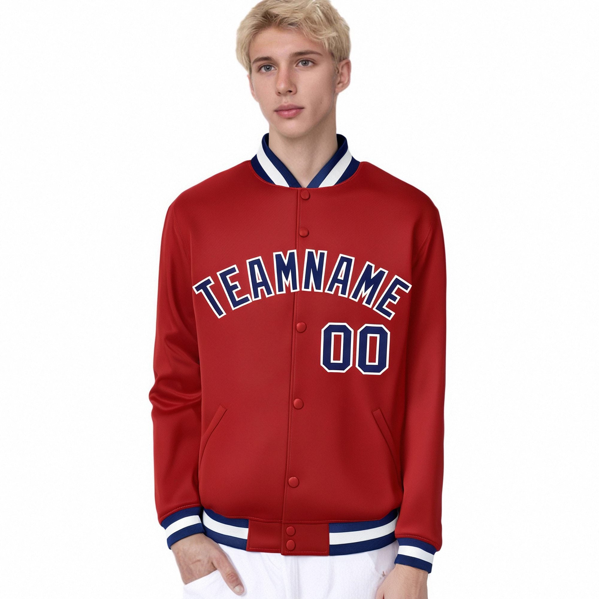 Custom Royal-Red Navy-White Bomber Full-Snap Varsity Letterman Jacket