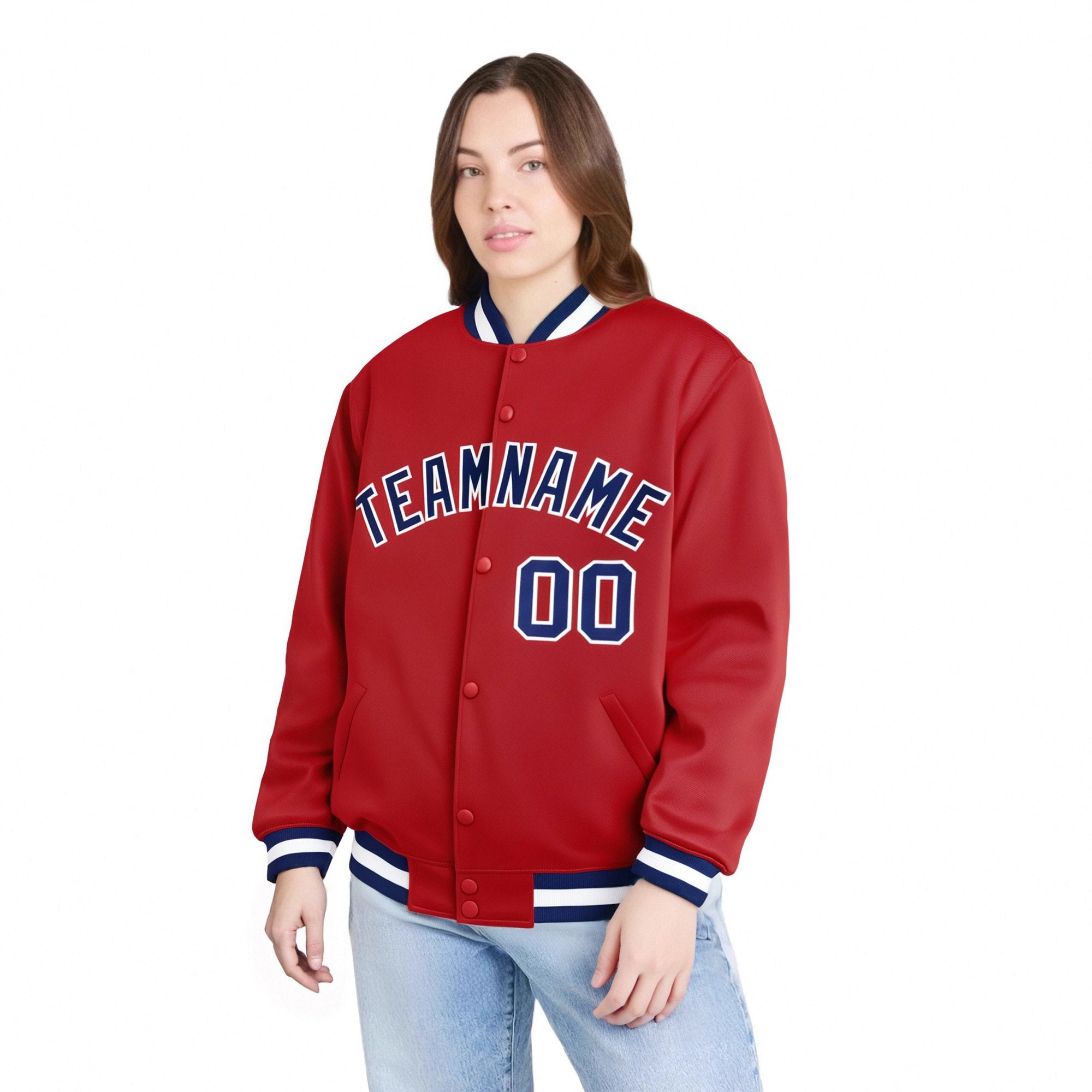 Custom Royal-Red Navy-White Bomber Full-Snap Varsity Letterman Jacket