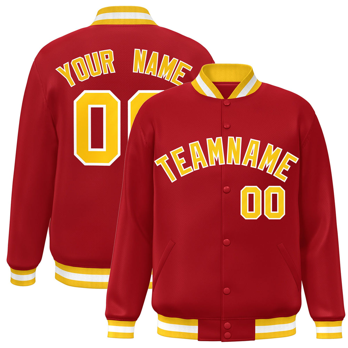 Custom Royal-Red Yellow-White Bomber Full-Snap Varsity Letterman Jacket