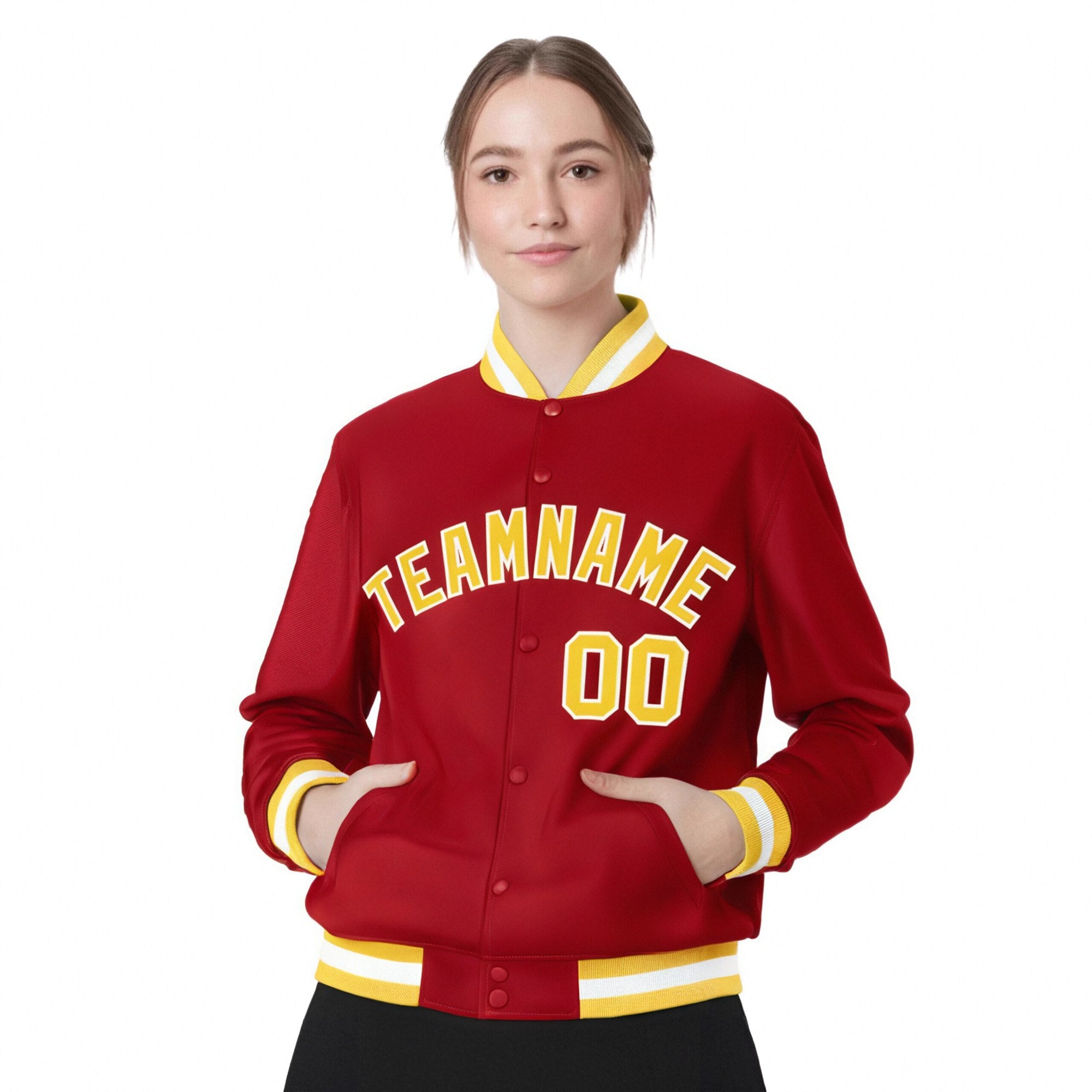 Custom Royal-Red Yellow-White Bomber Full-Snap Varsity Letterman Jacket