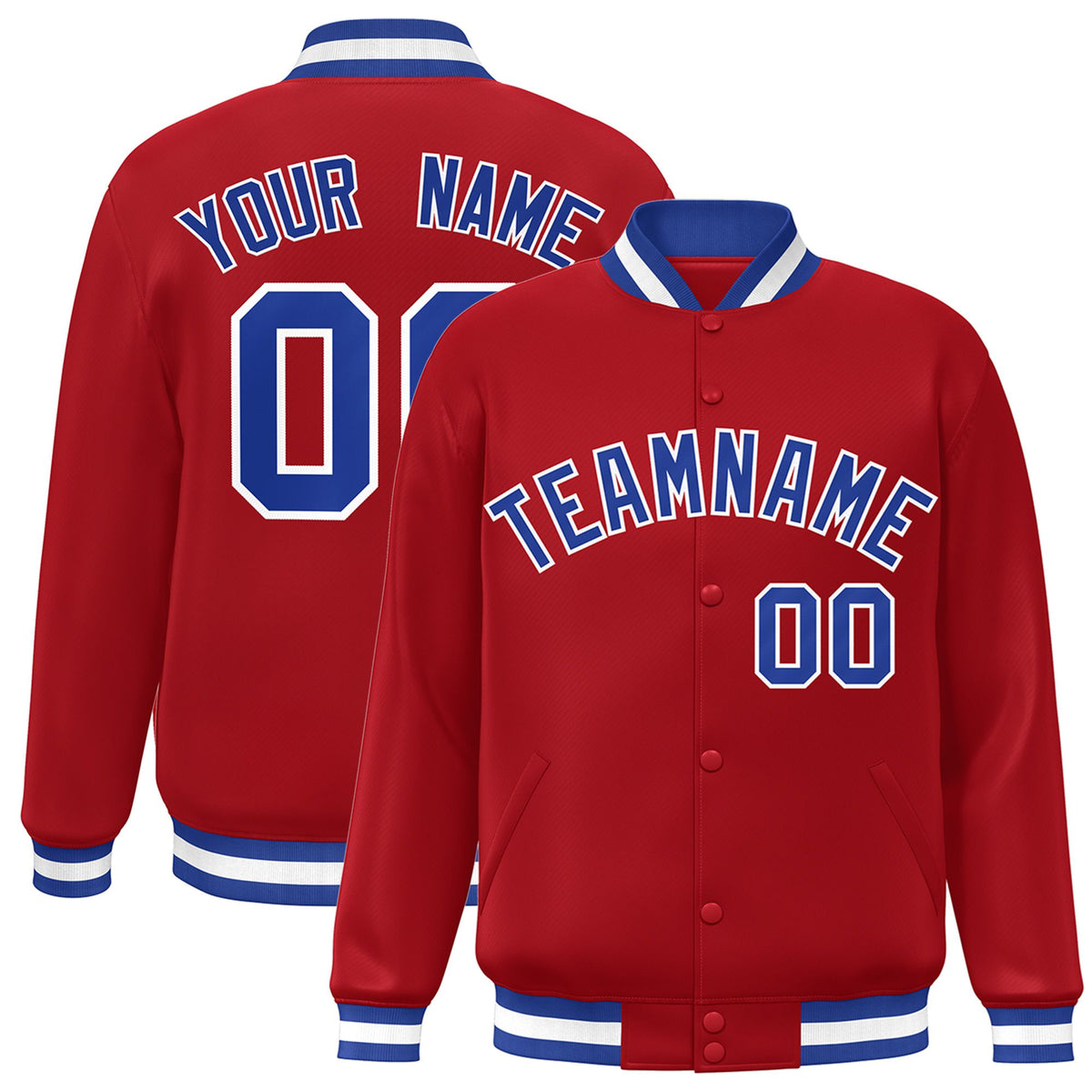 Custom Royal-Red Royal-Blue White Bomber Full-Snap Varsity Letterman Jacket