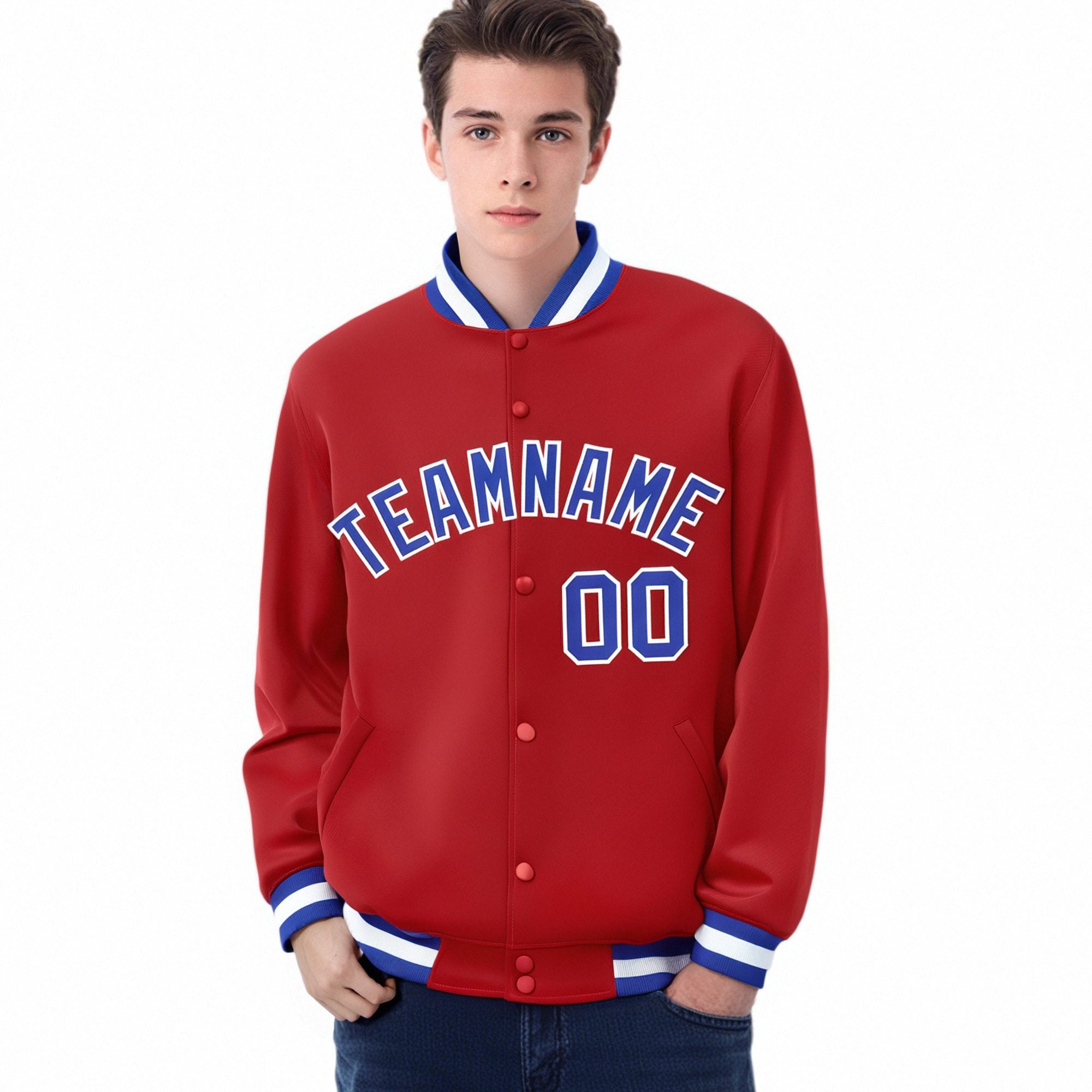 Custom Royal-Red Royal-Blue White Bomber Full-Snap Varsity Letterman Jacket