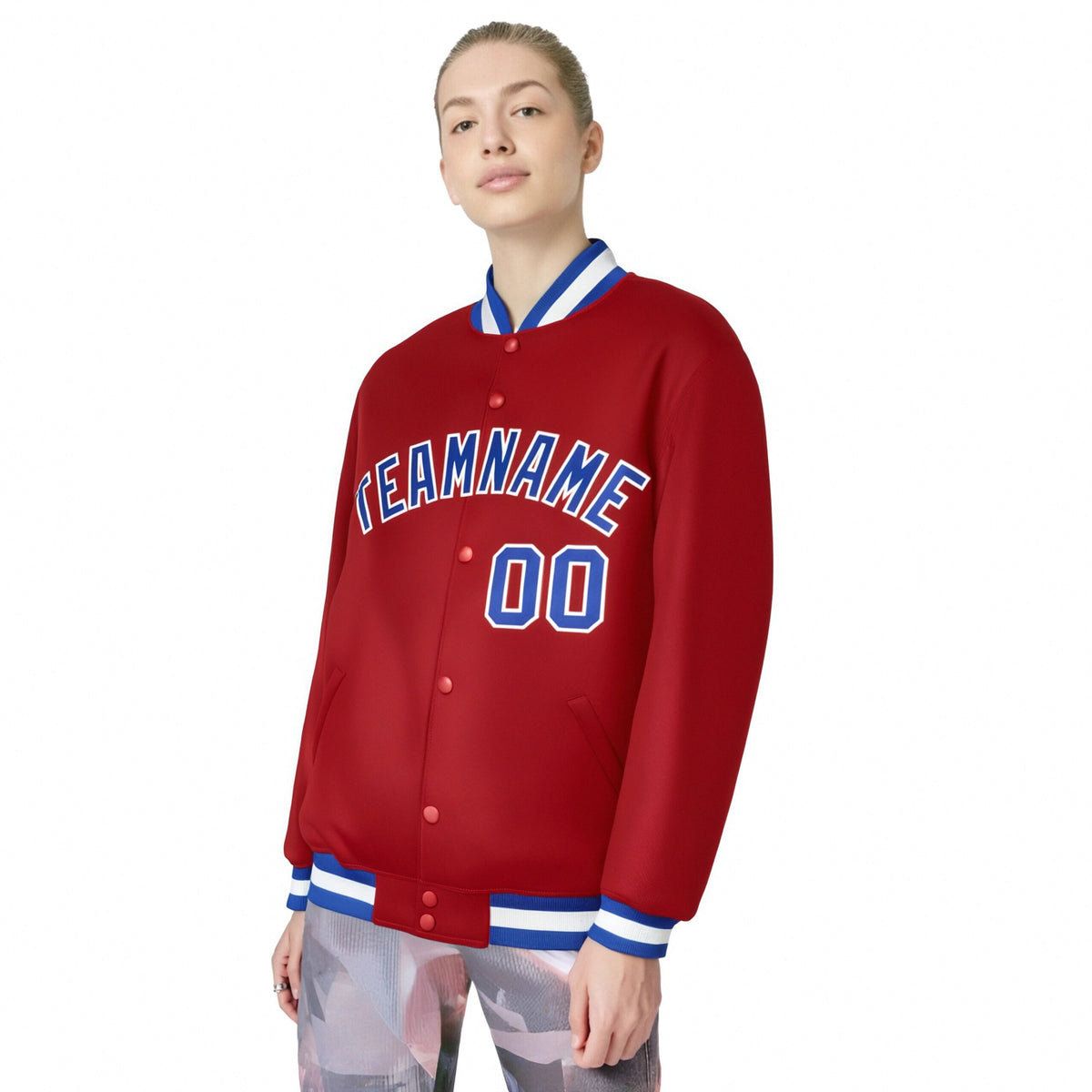 Custom Royal-Red Royal-Blue White Bomber Full-Snap Varsity Letterman Jacket