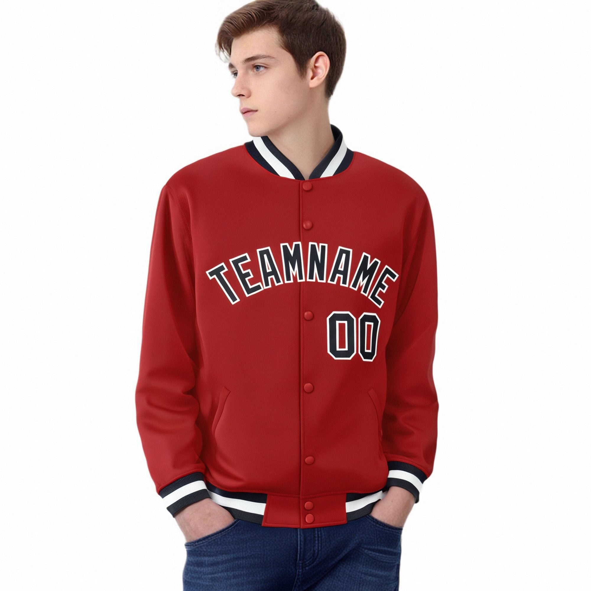 Custom Royal-Red Black-White Bomber Full-Snap Varsity Letterman Jacket