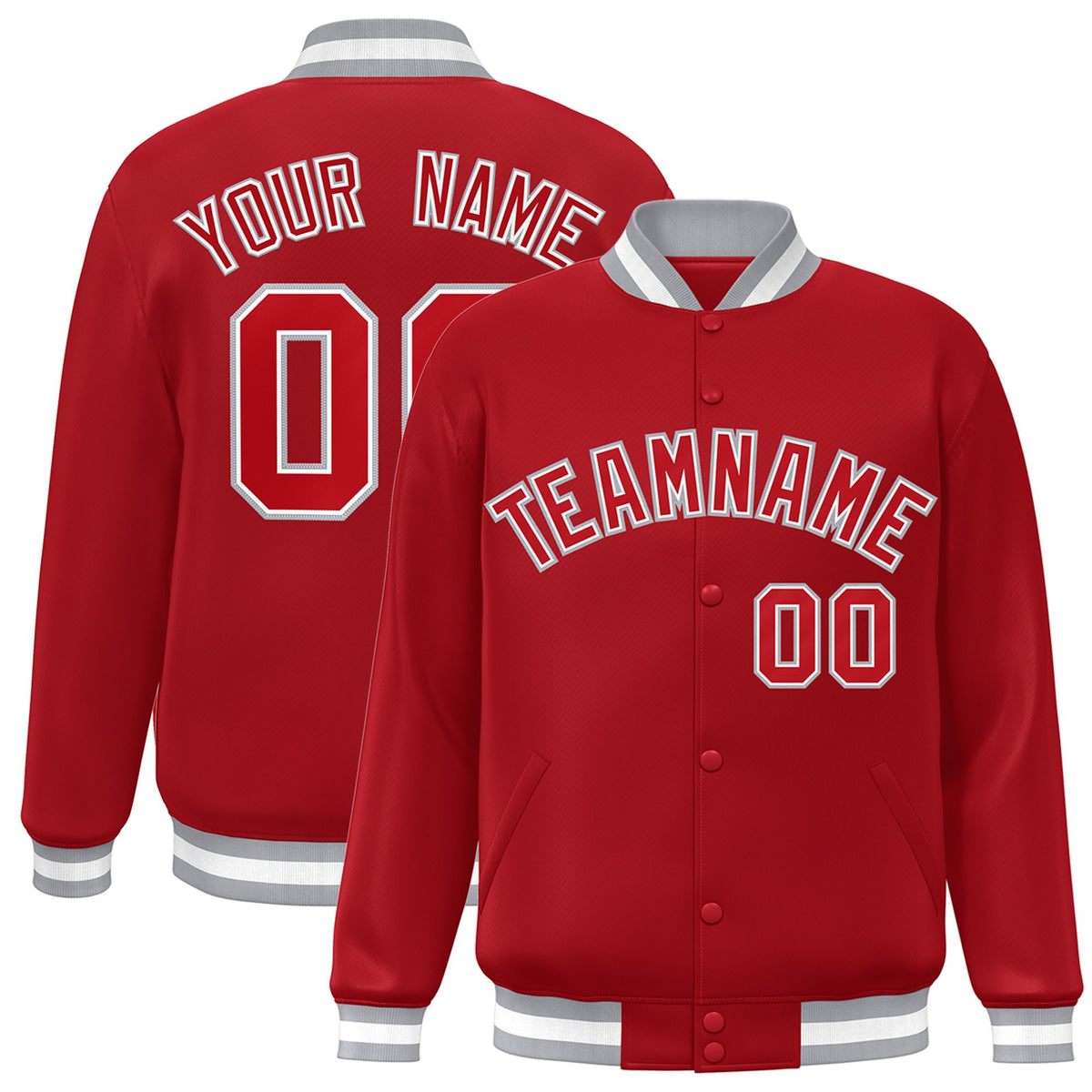Custom Royal-Red Gray-White Bomber Full-Snap Varsity Letterman Jacket