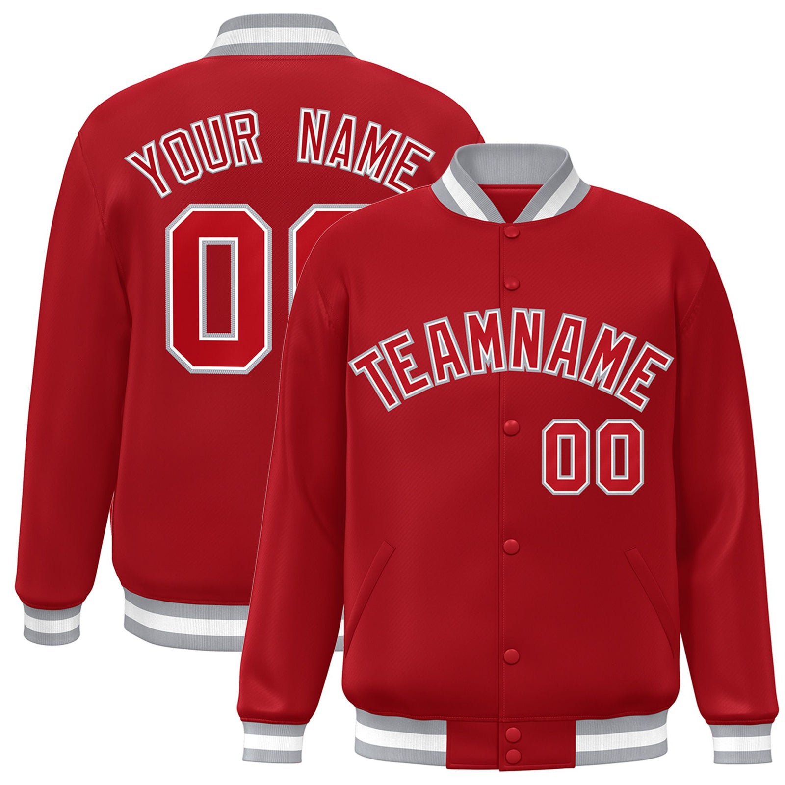 Custom Royal-Red Gray-White Bomber Full-Snap Varsity Letterman Jacket