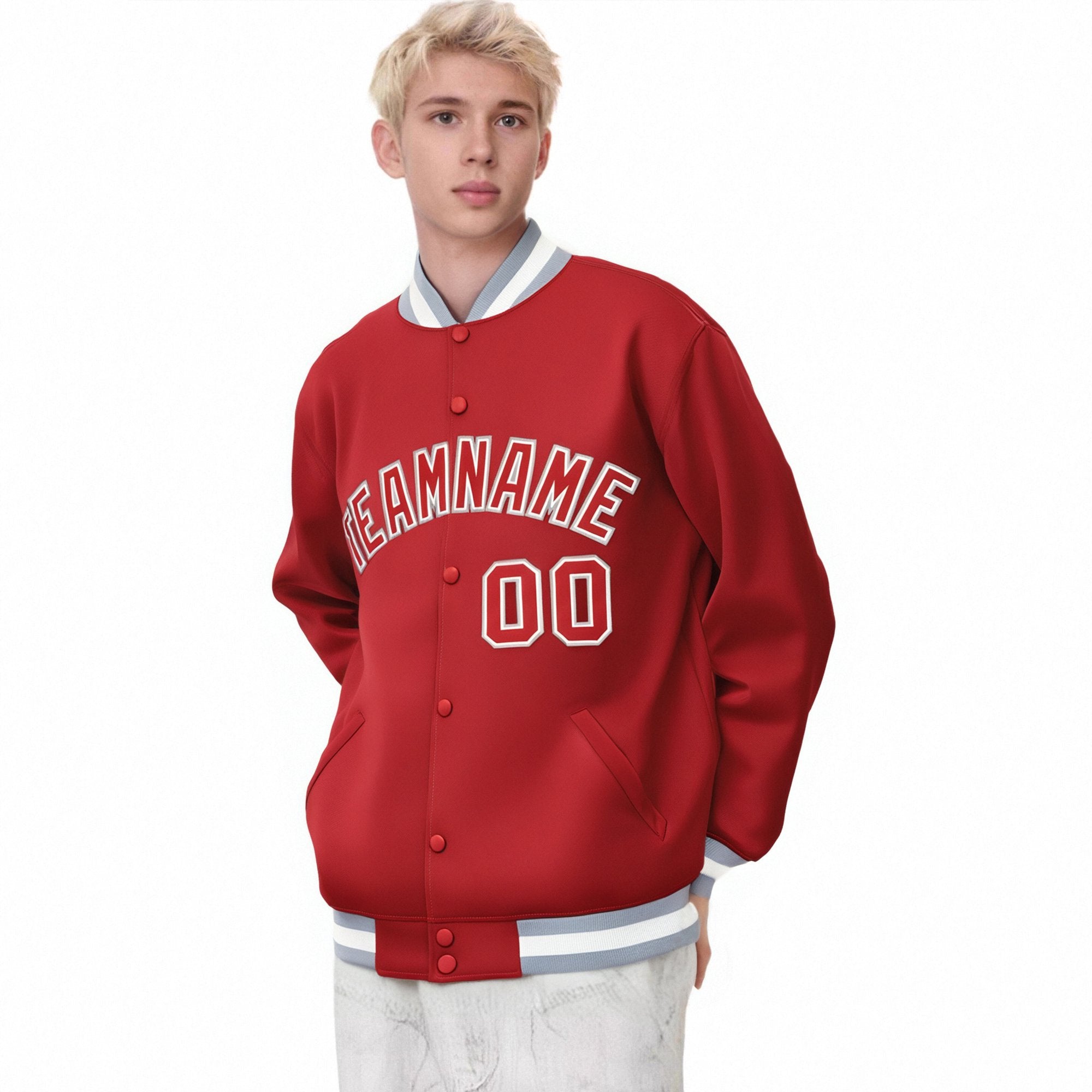 Custom Royal-Red Gray-White Bomber Full-Snap Varsity Letterman Jacket