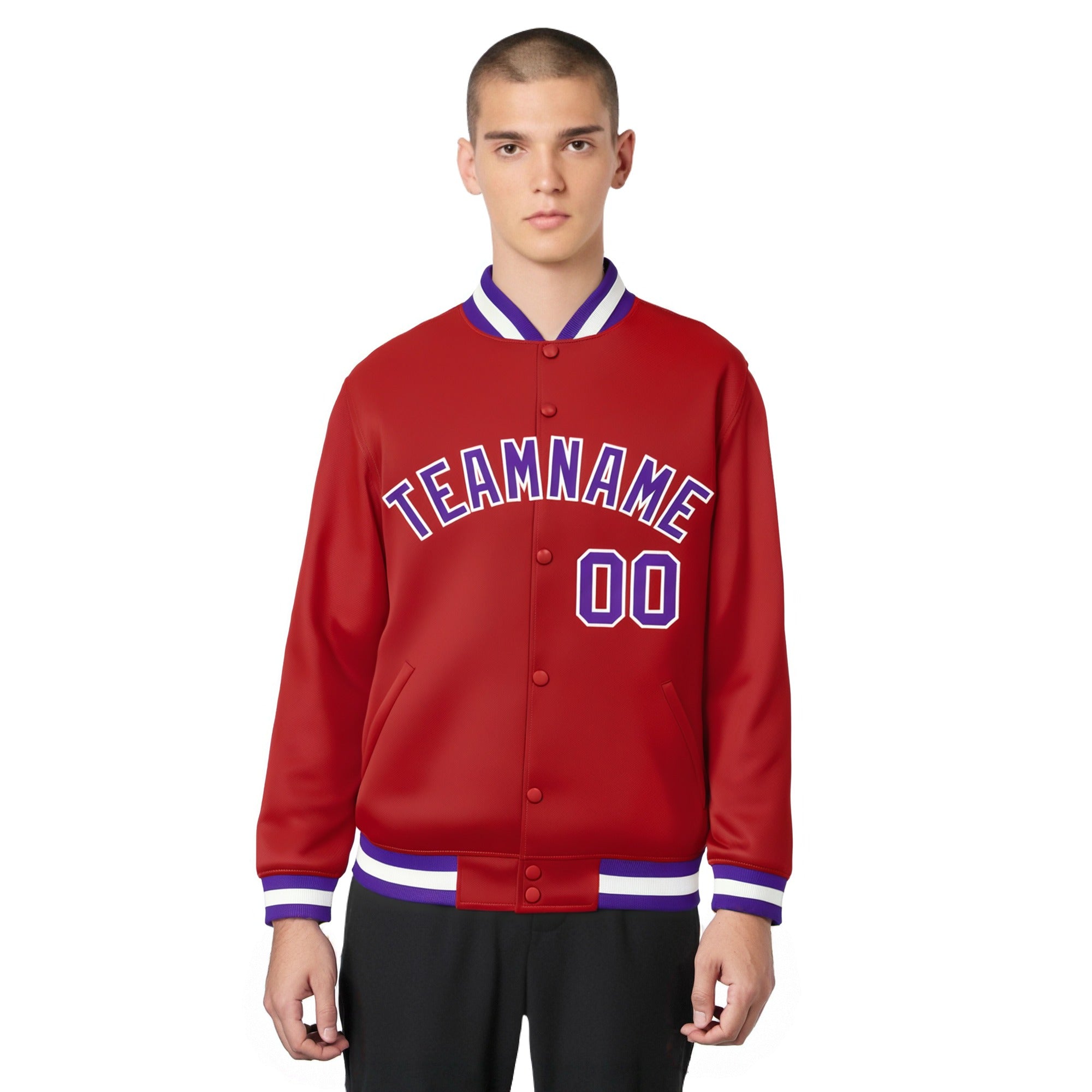 Custom Royal-Red Purple-White Bomber Full-Snap Varsity Letterman Jacket