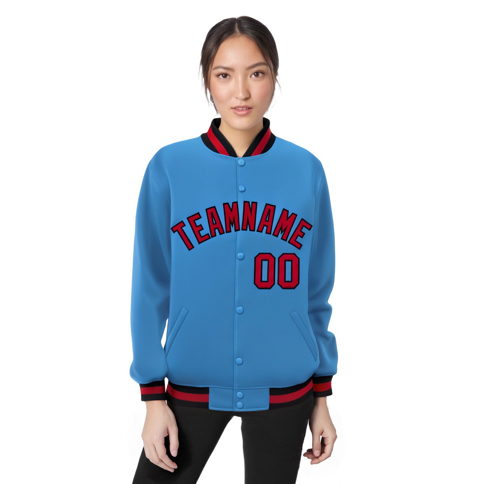 Custom Light-Blue Red-Black Bomber Full-Snap Varsity Letterman Jacket