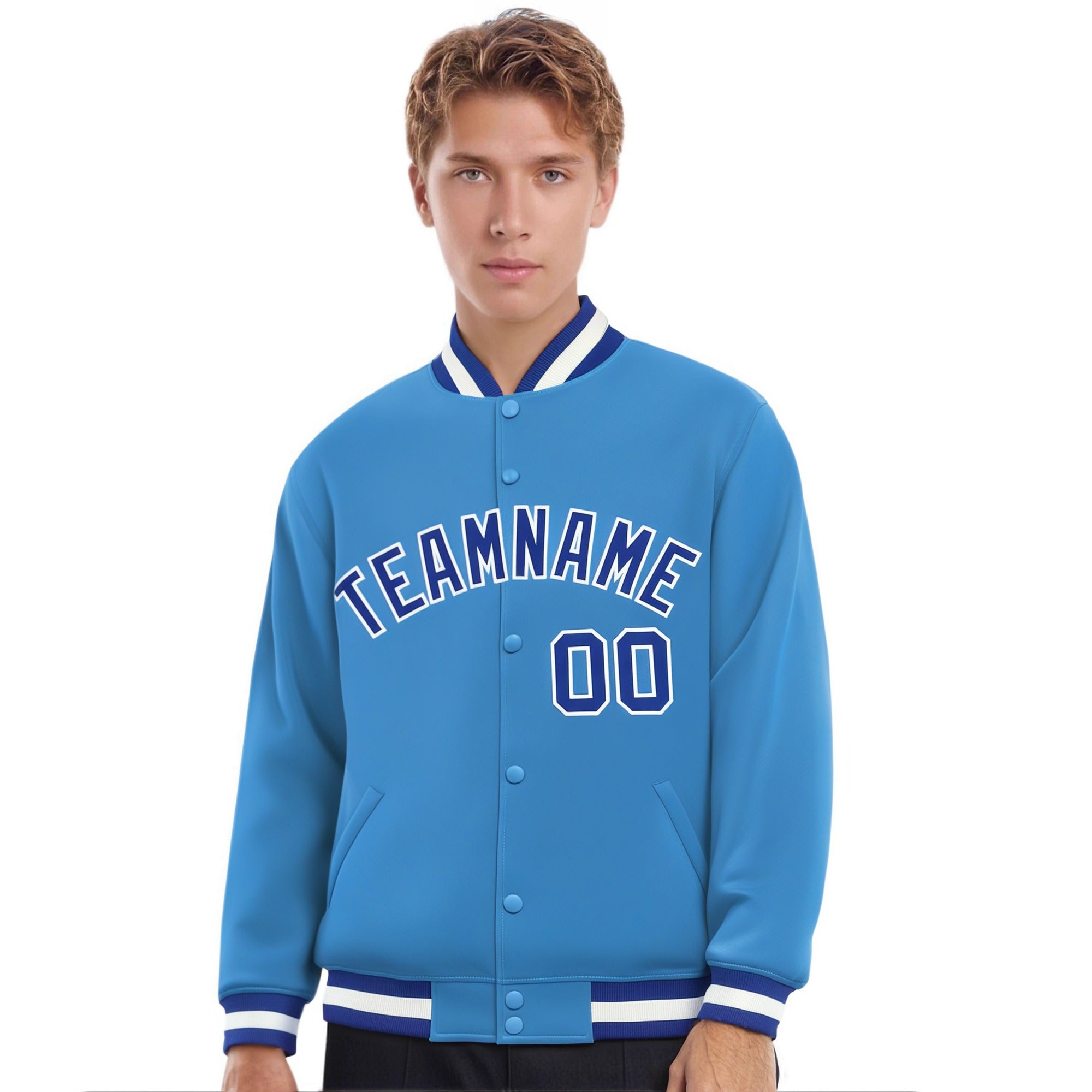 Custom Light-Blue Blue-White Bomber Full-Snap Varsity Letterman Jacket