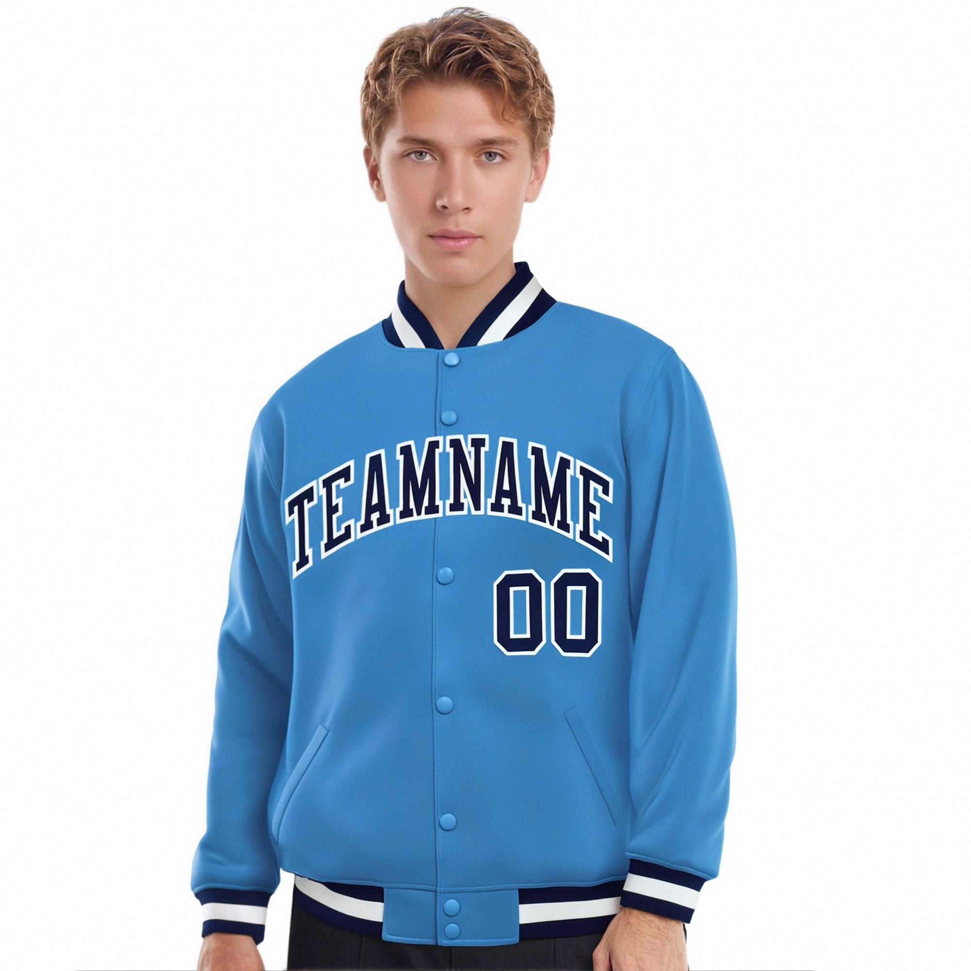 Custom Light-Blue Navy-White Bomber Full-Snap Varsity Letterman Jacket