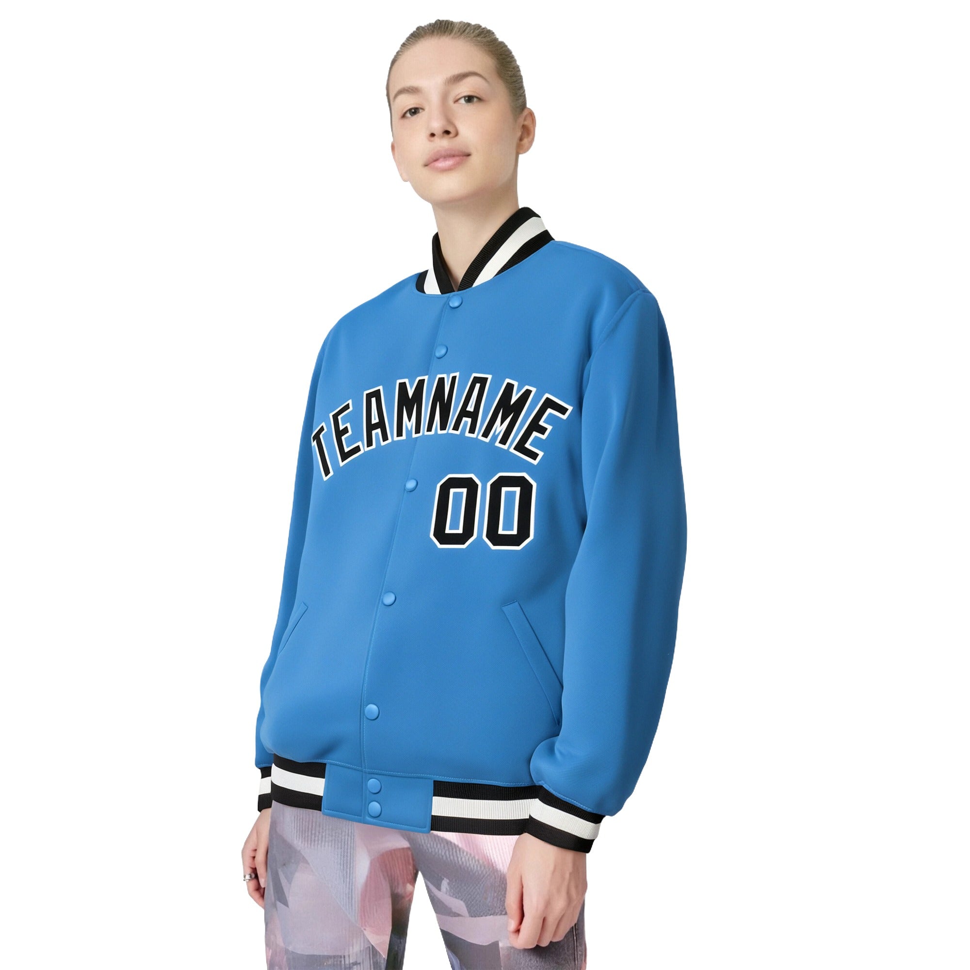 Custom Light-Blue Black-White Bomber Full-Snap Varsity Letterman Jacket